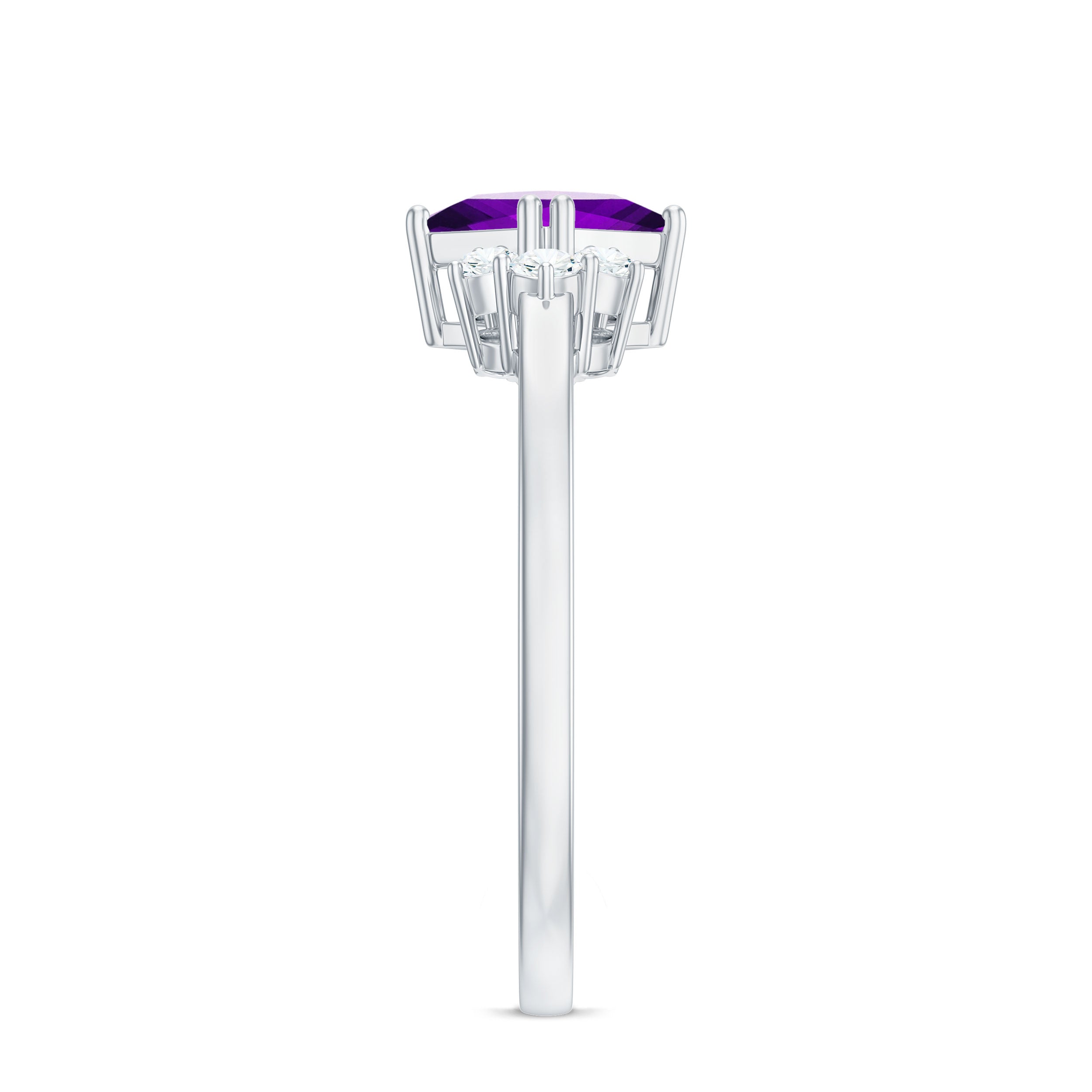 Princess Cut Amethyst Promise Ring with Diamond Trio AAA - Rosec Jewels