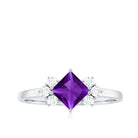 Princess Cut Amethyst Promise Ring with Diamond Trio AAA - Rosec Jewels