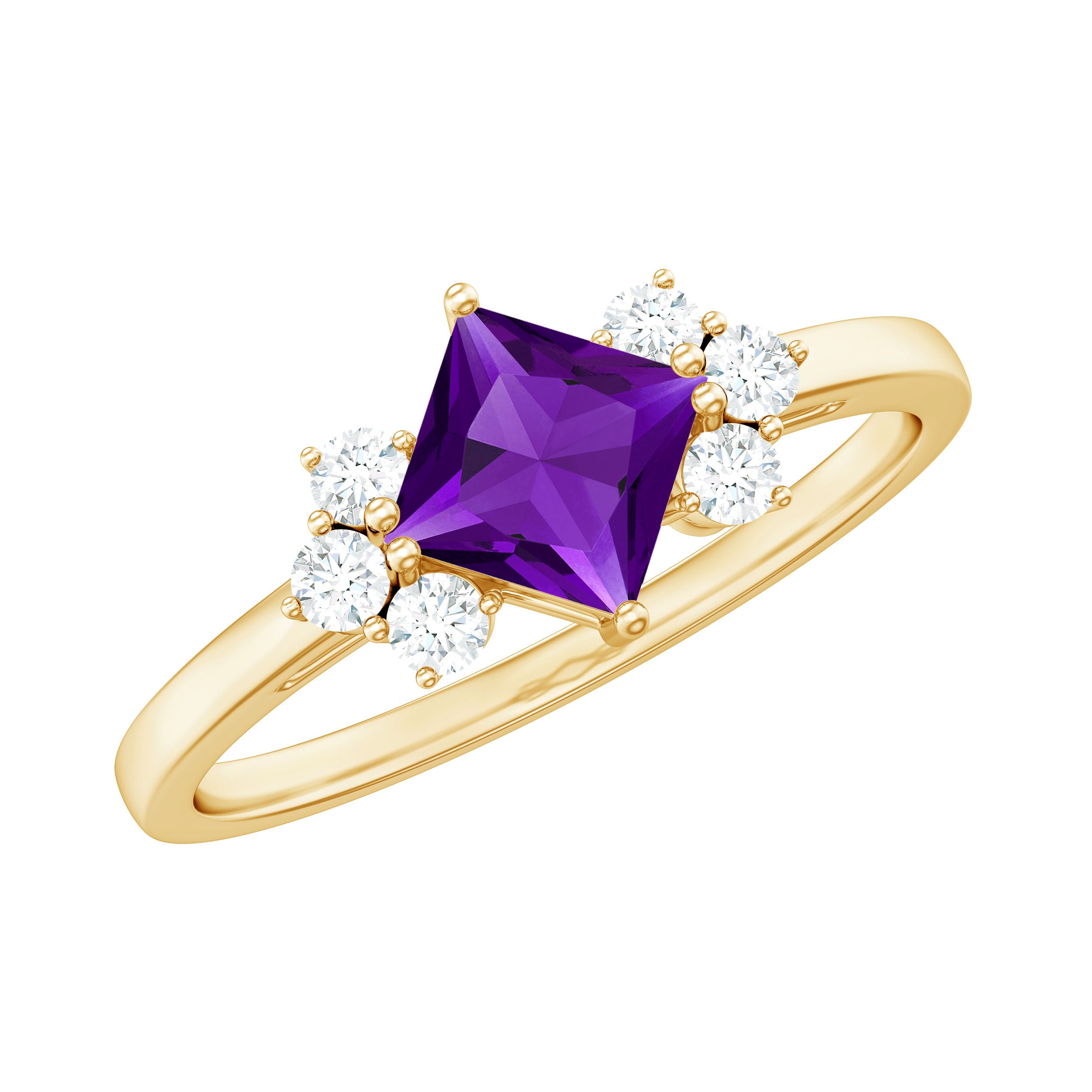 Princess Cut Amethyst Promise Ring with Diamond Trio AAA - Rosec Jewels