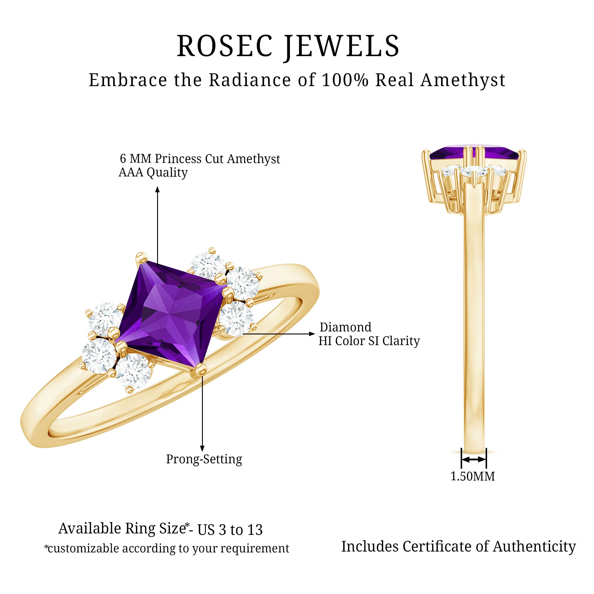 Princess Cut Amethyst Promise Ring with Diamond Trio AAA - Rosec Jewels