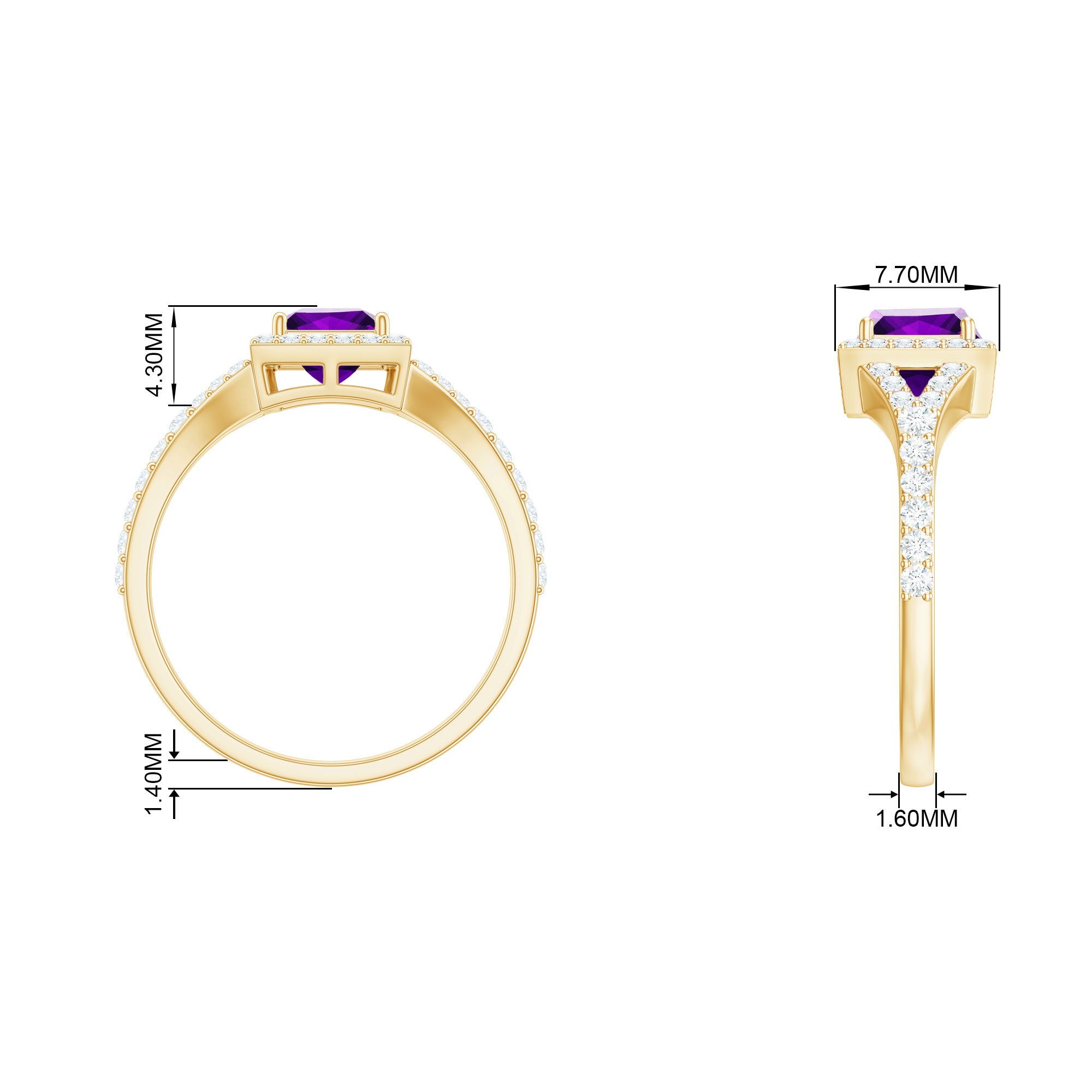 1.2 Carat Amethyst Princess Cut Engagement Ring with Moissanite Split Shank AAA - Rosec Jewels