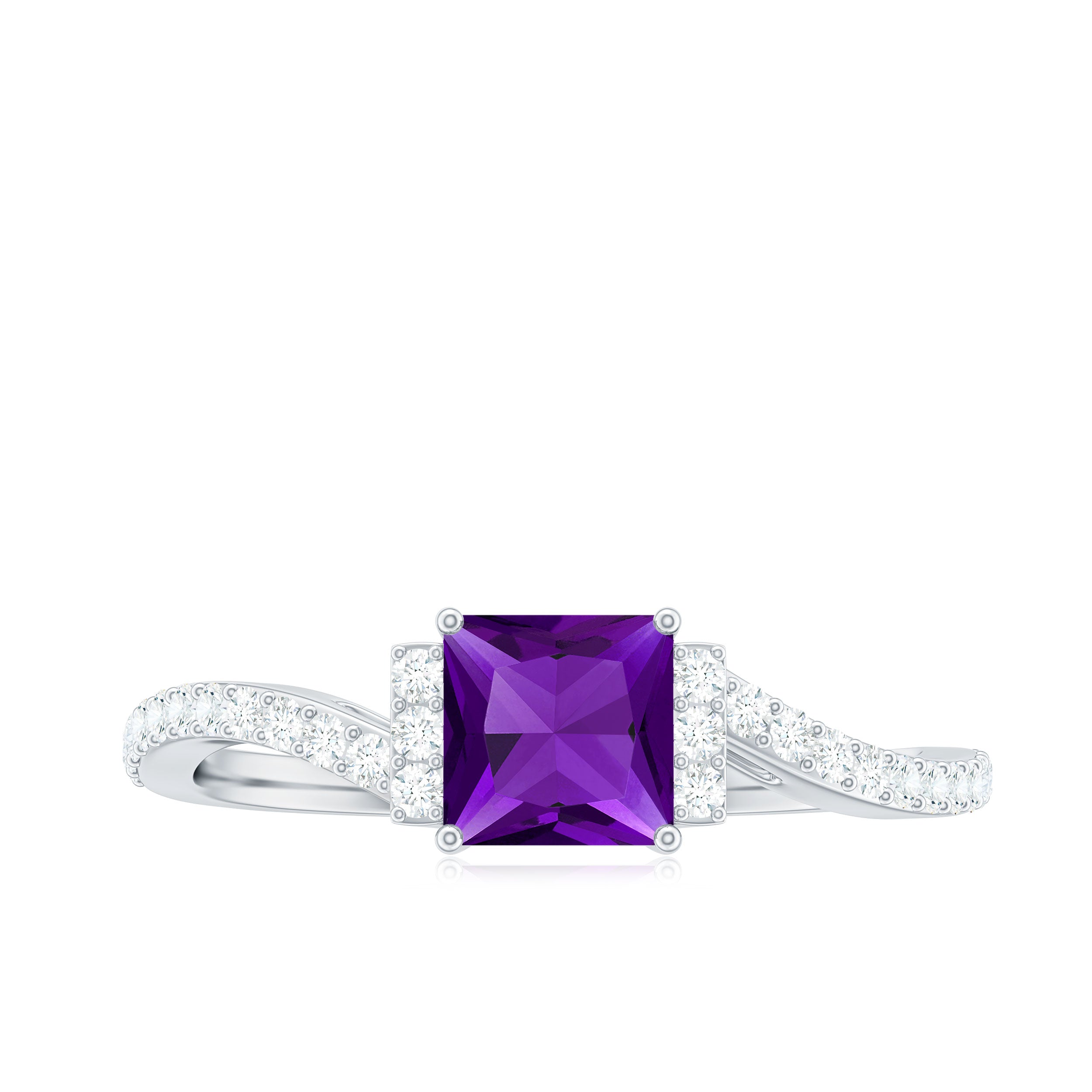 Real 1.2 Carat Amethyst Princess Cut Engagement Ring with Diamond Bypass Shank AAA - Rosec Jewels