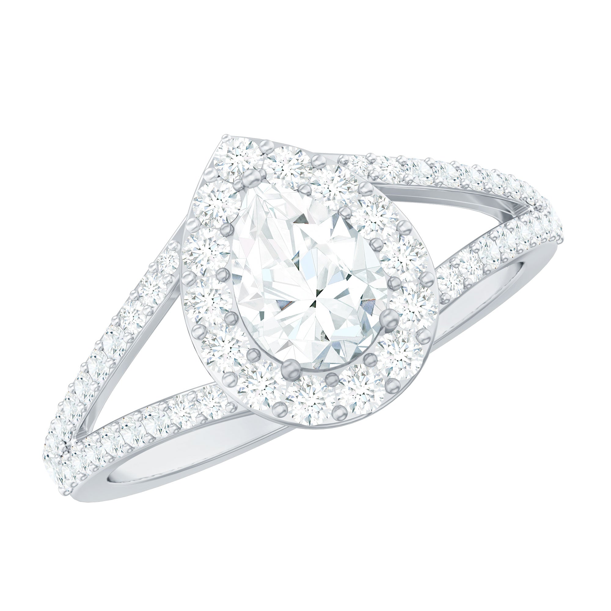 Pear Shape Cubic Zirconia Halo Engagement Ring in Split Shank AAAA - Rosec Jewels