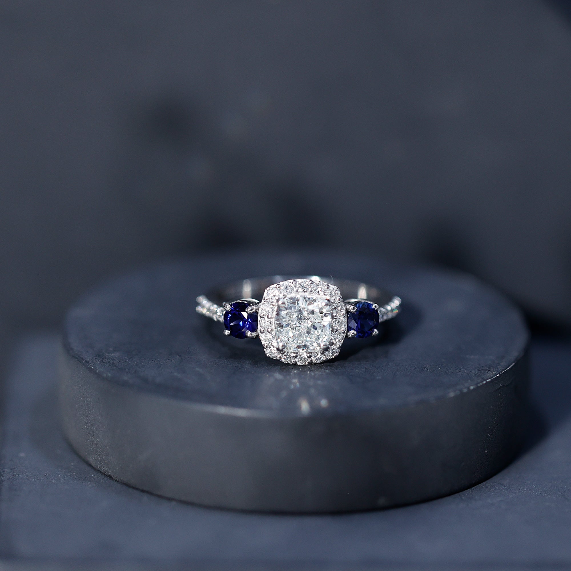 Certified 1.7 Carat Cushion Cut Lab Grown Diamond Engagement Ring with Blue Sapphire Lab - ( EF-VS ) - Rosec Jewels