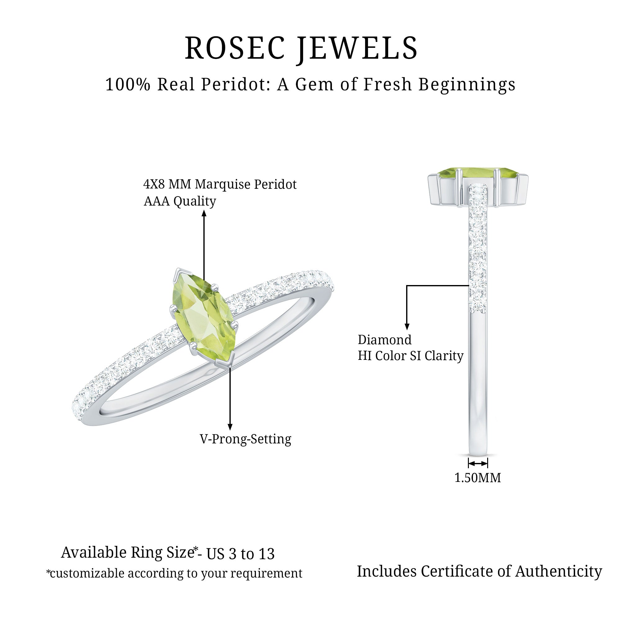 Genuine 0.7 Carat Marquise Peridot Promise Ring with Diamond AAA - Rosec Jewels