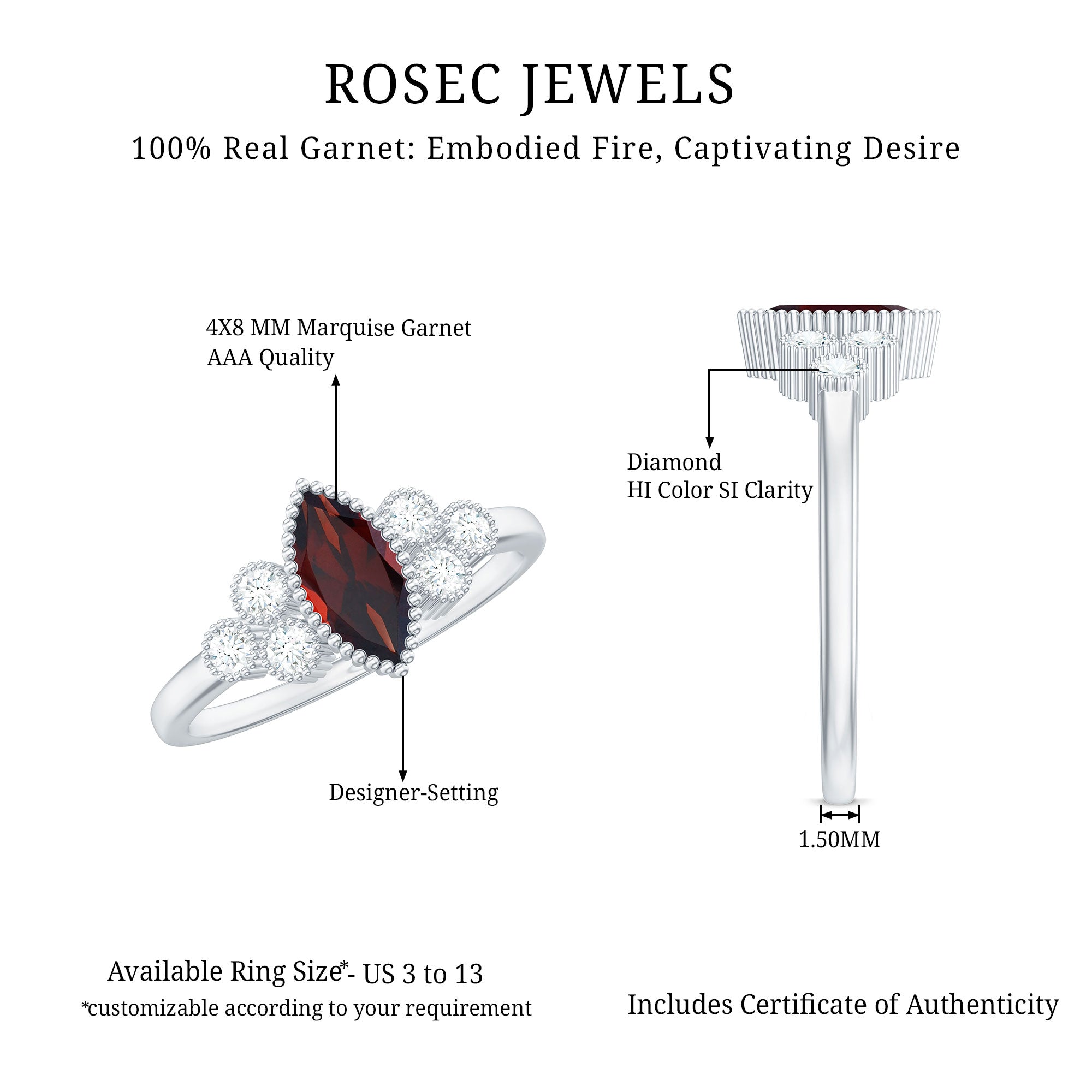 Natural 4X8mm Garnet Marquise Engagement Ring with Diamond AAA - Rosec Jewels