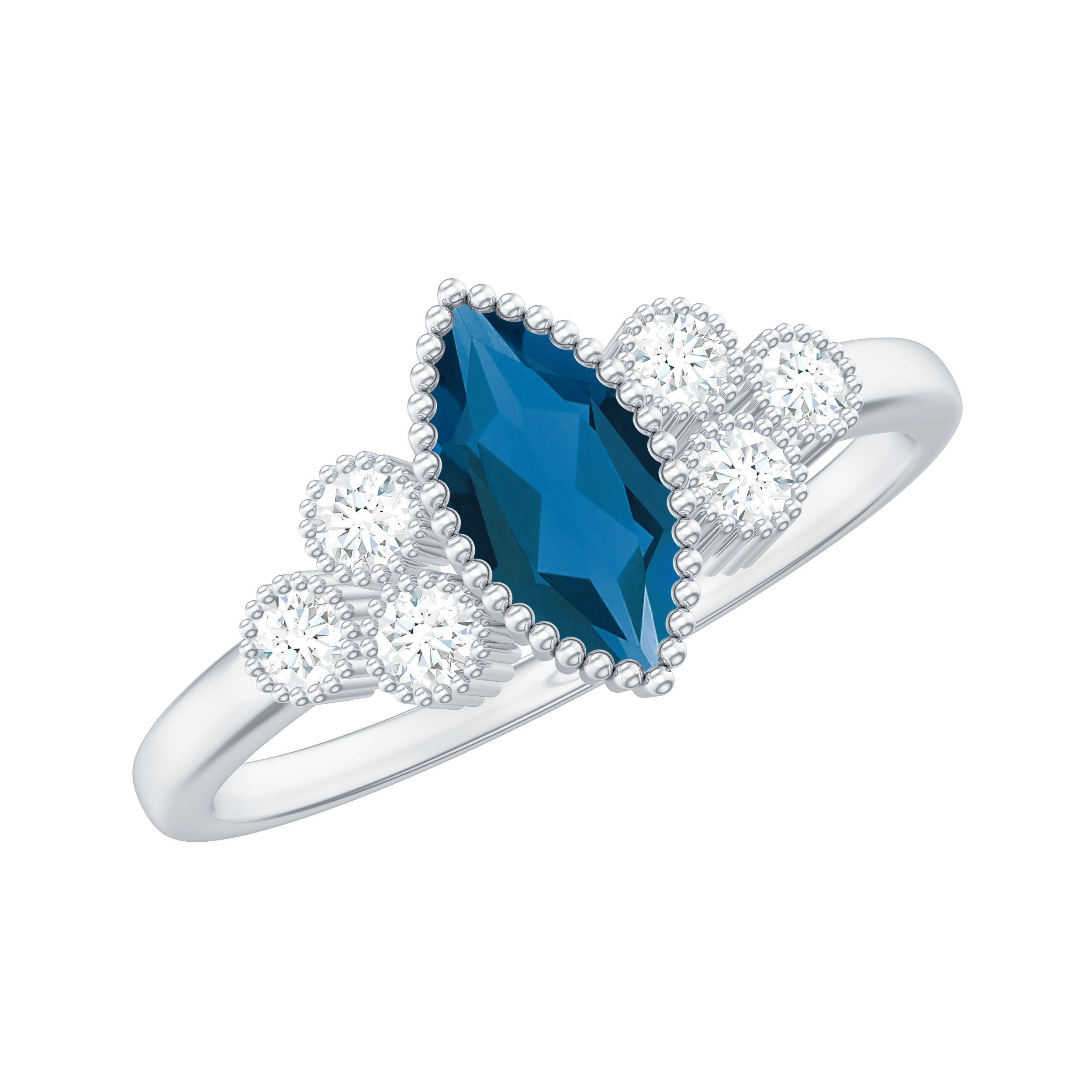 London Blue Topaz Marquise Engagement Ring with Diamond Trio AAA - Rosec Jewels
