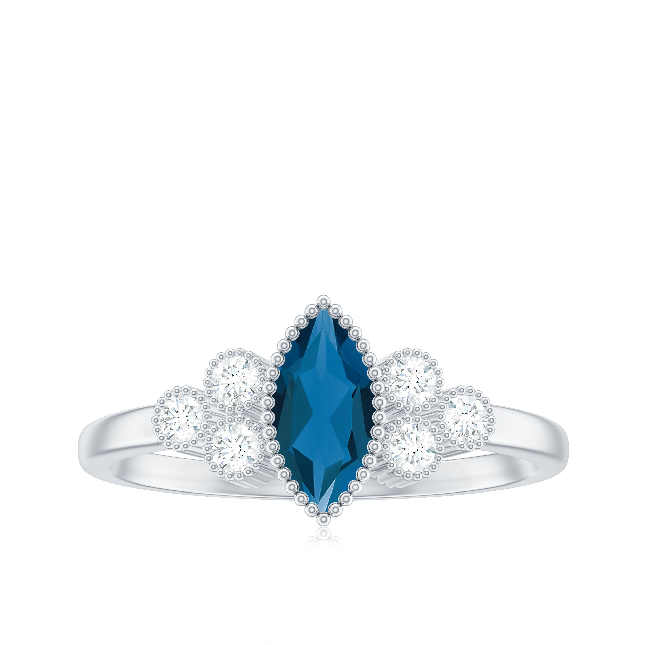 London Blue Topaz Marquise Engagement Ring with Diamond Trio AAA - Rosec Jewels