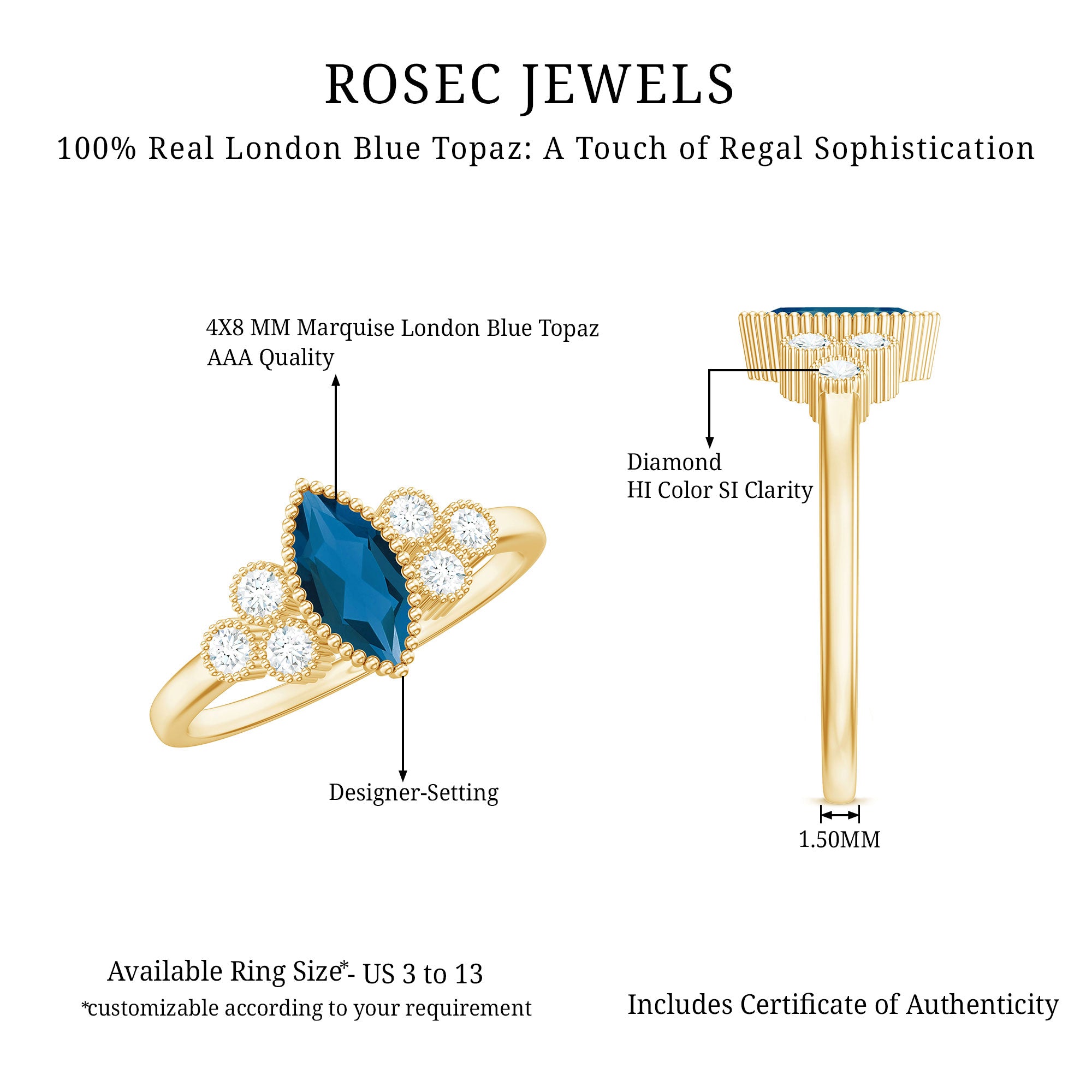 London Blue Topaz Marquise Engagement Ring with Diamond Trio AAA - Rosec Jewels