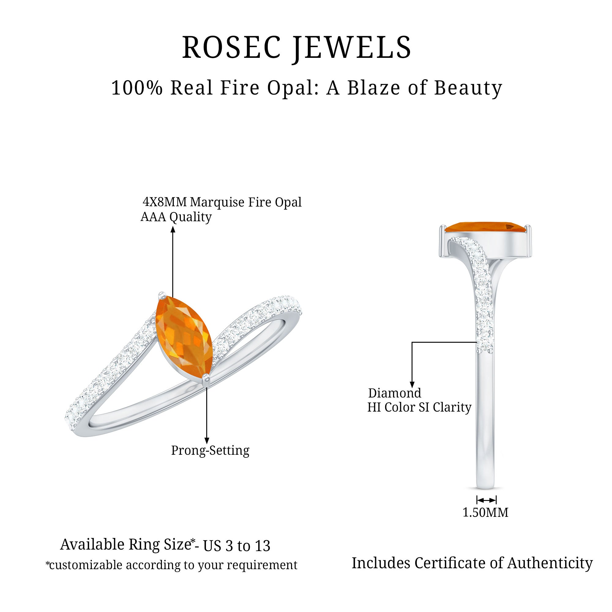 1/2 Ct Bypass Engagement Ring with Fire Opal and Diamond AAA - Rosec Jewels
