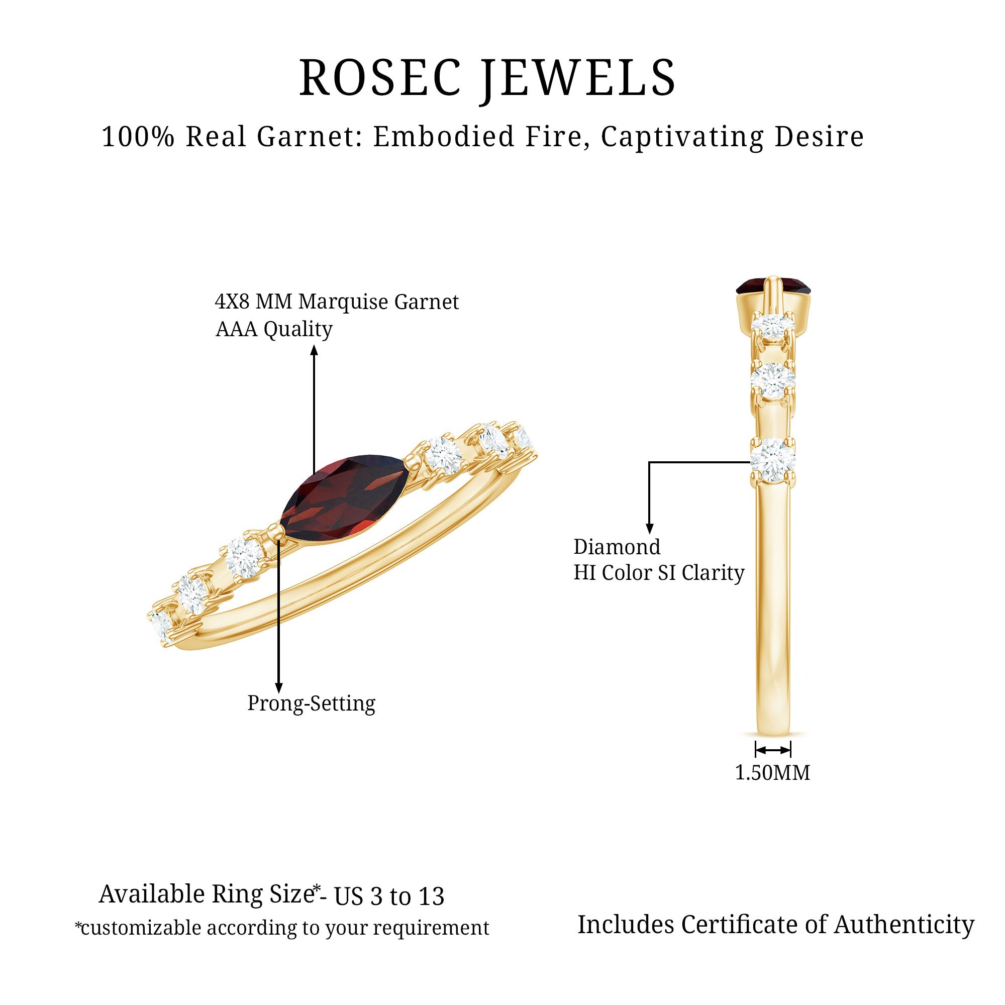 Natural Marquise Garnet Diamond Promise Ring in East West Style AAA - Rosec Jewels