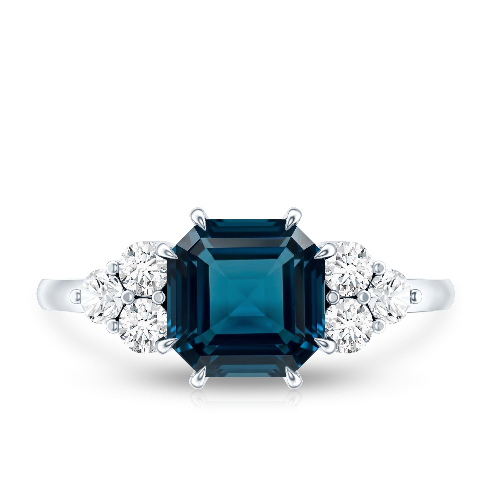 Asscher Cut London Blue Topaz Solitaire Engagement Ring with Diamond Trio AAA - Rosec Jewels