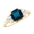 Asscher Cut London Blue Topaz Solitaire Engagement Ring with Diamond Trio AAA - Rosec Jewels