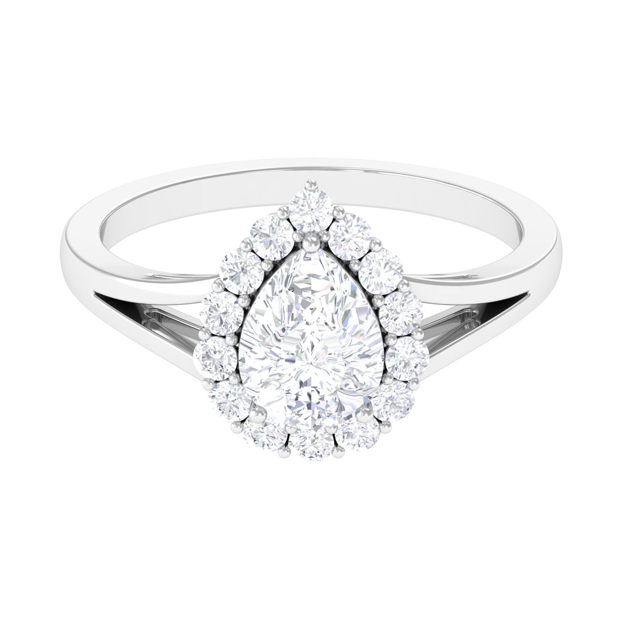 Zircon Pear Halo Engagement Ring with Split Shank AAAA - Rosec Jewels