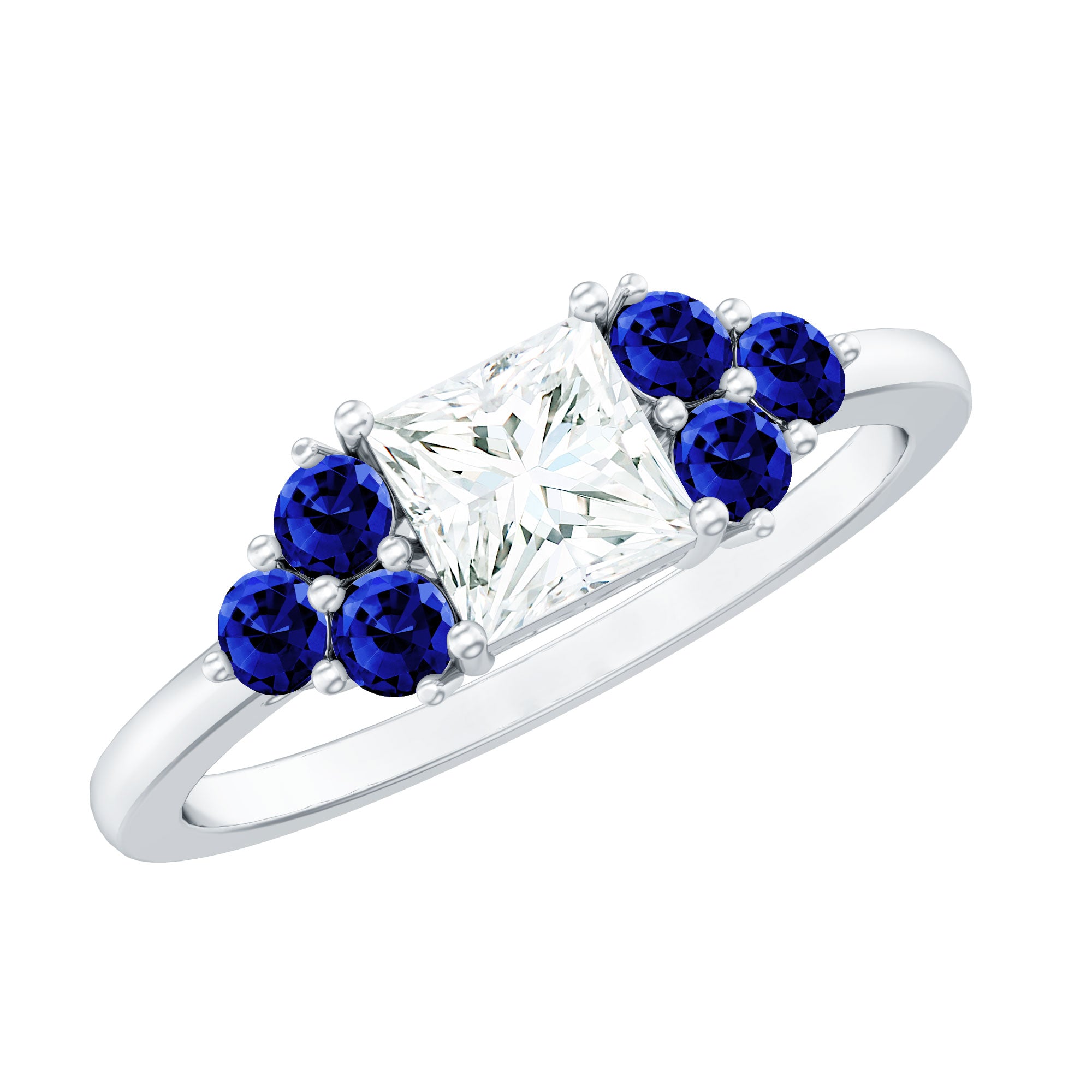Rosec Jewels-Moissanite Princess Cut Engagement Ring With Lab Grown Blue Sapphire