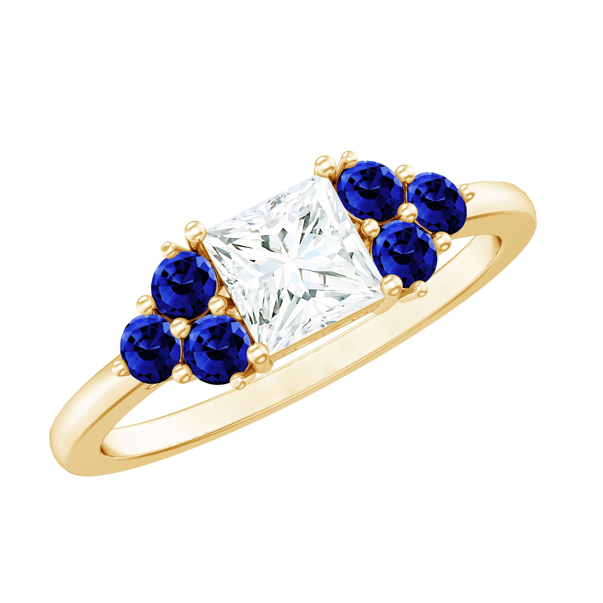Rosec Jewels-Moissanite Princess Cut Engagement Ring With Lab Grown Blue Sapphire