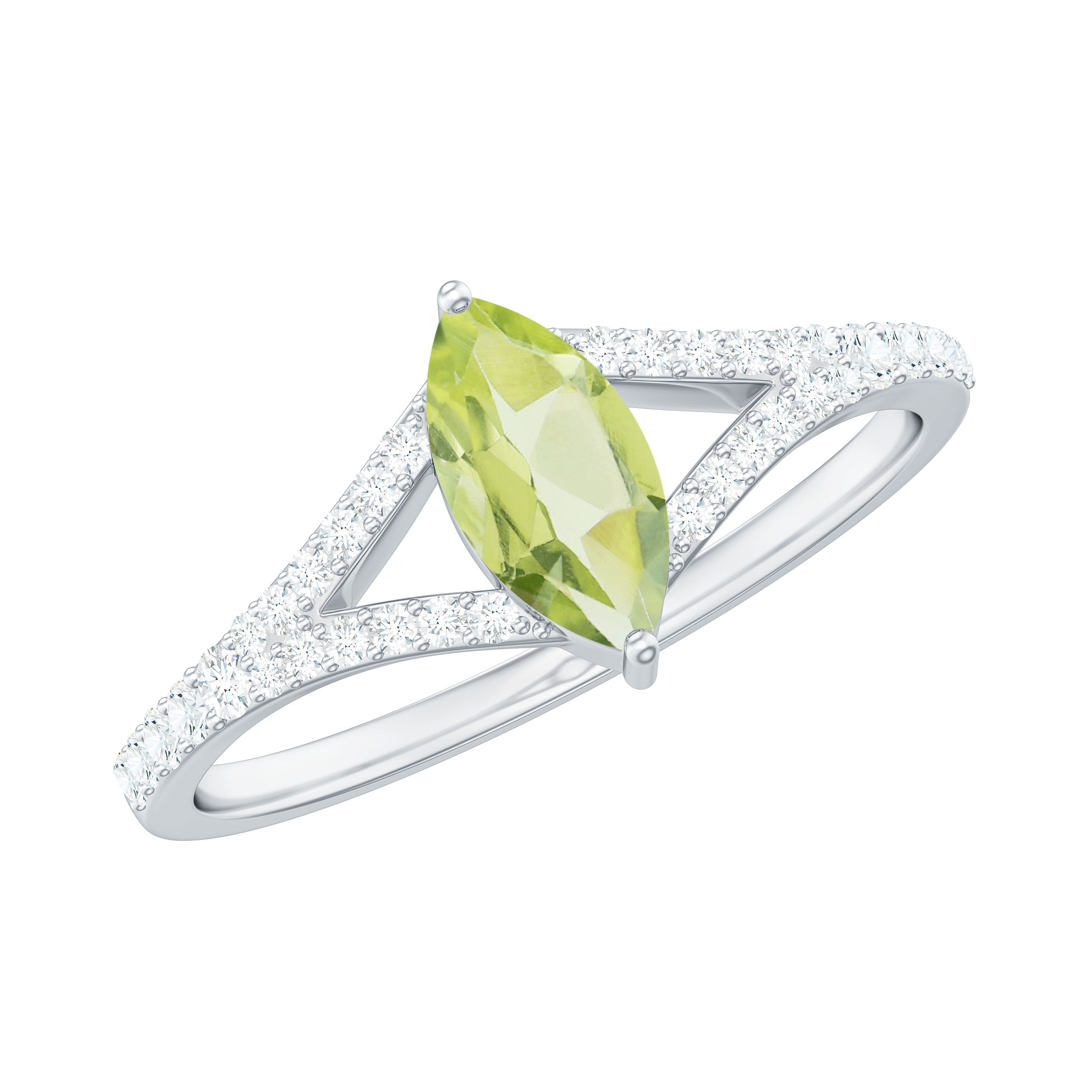 Rosec Jewels-Natural 0.7 Carat Marquise Shape Peridot Promise Ring with Diamond Split Shank