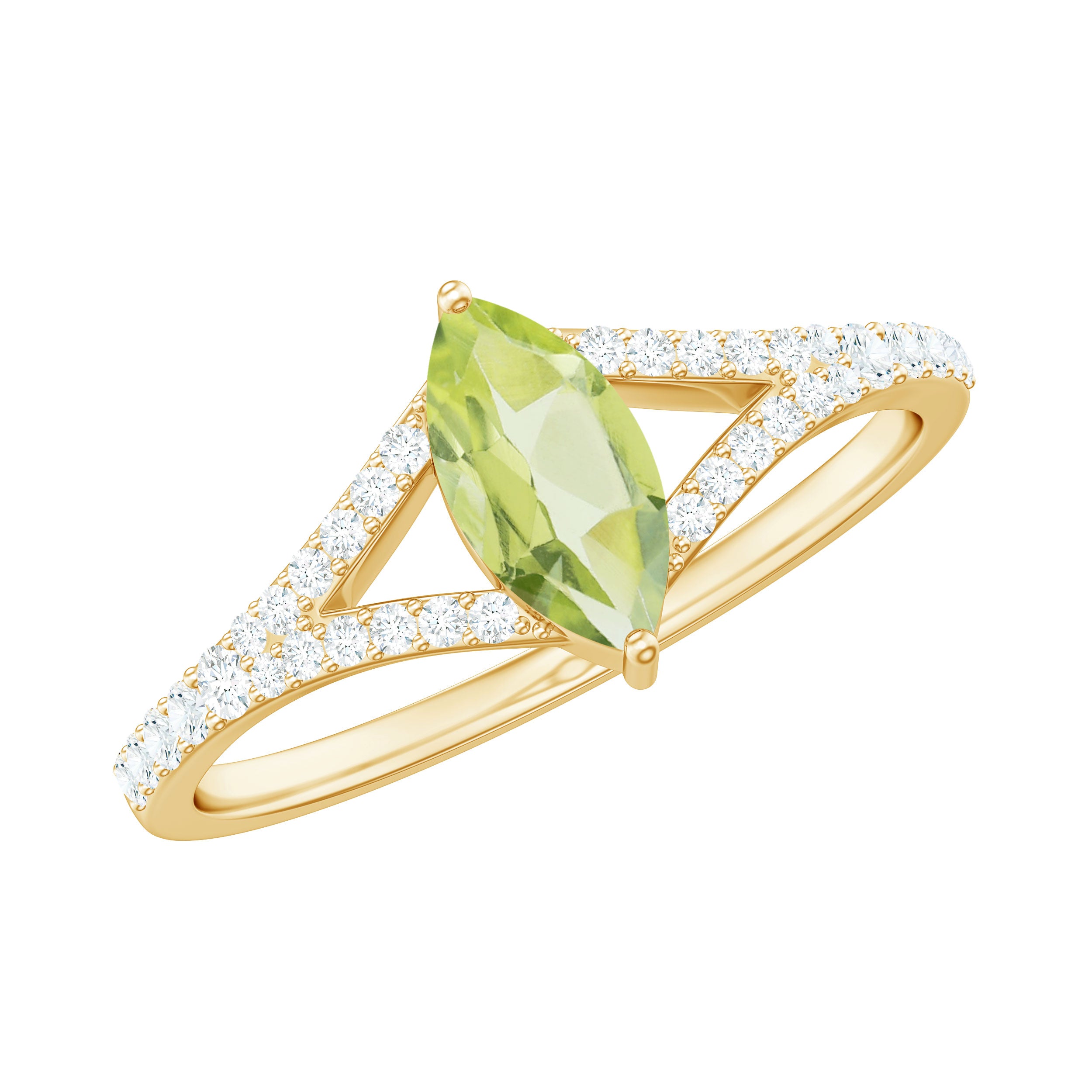 Rosec Jewels-Natural 0.7 Carat Marquise Shape Peridot Promise Ring with Diamond Split Shank