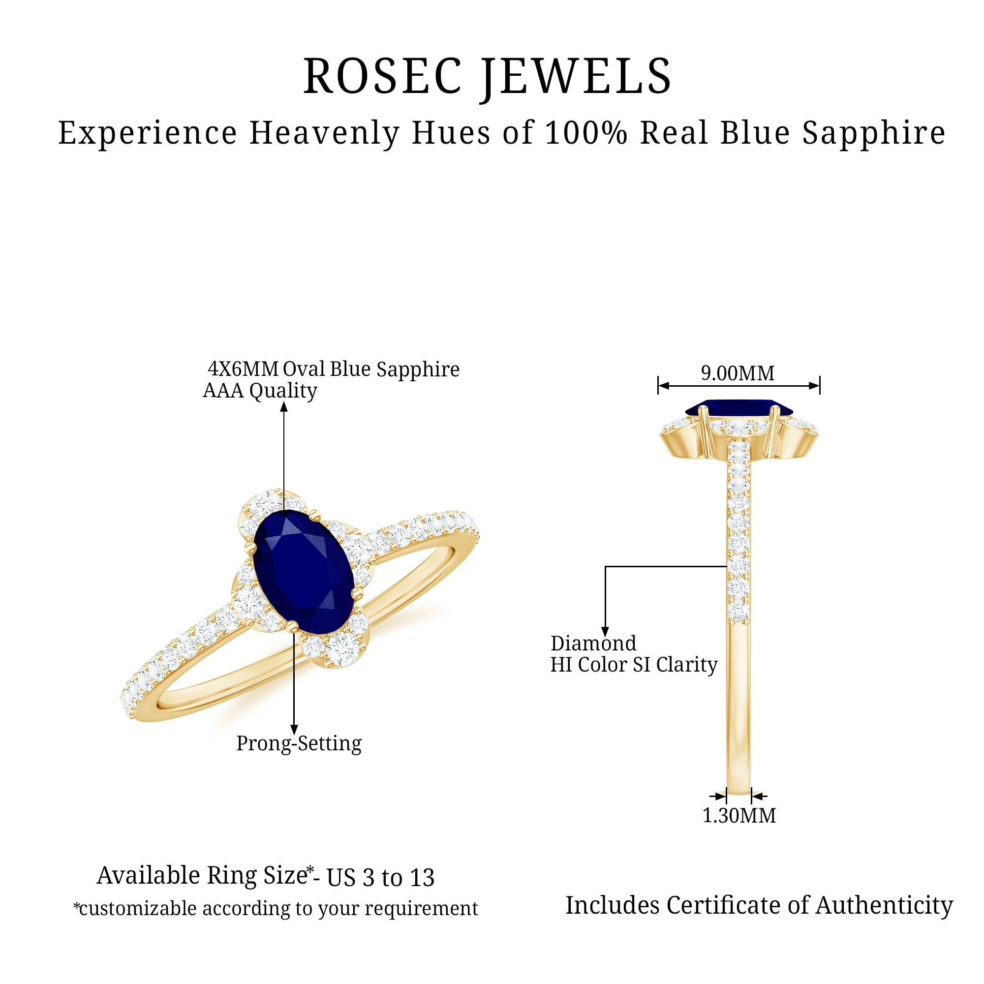 Rosec Jewels-Natural 0.6 Carat Blue Sapphire Oval Engagement Ring with Diamond