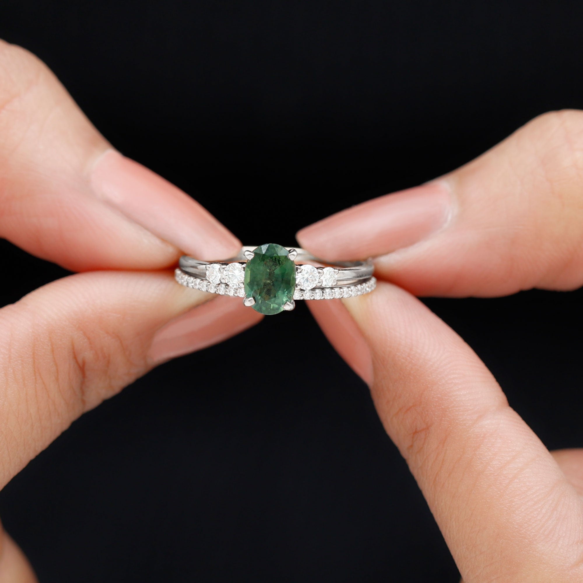 1.50 CT Created Green Sapphire and Diamond Ring Set Lab Created Green Sapphire - ( AAAA ) - Quality - Rosec Jewels