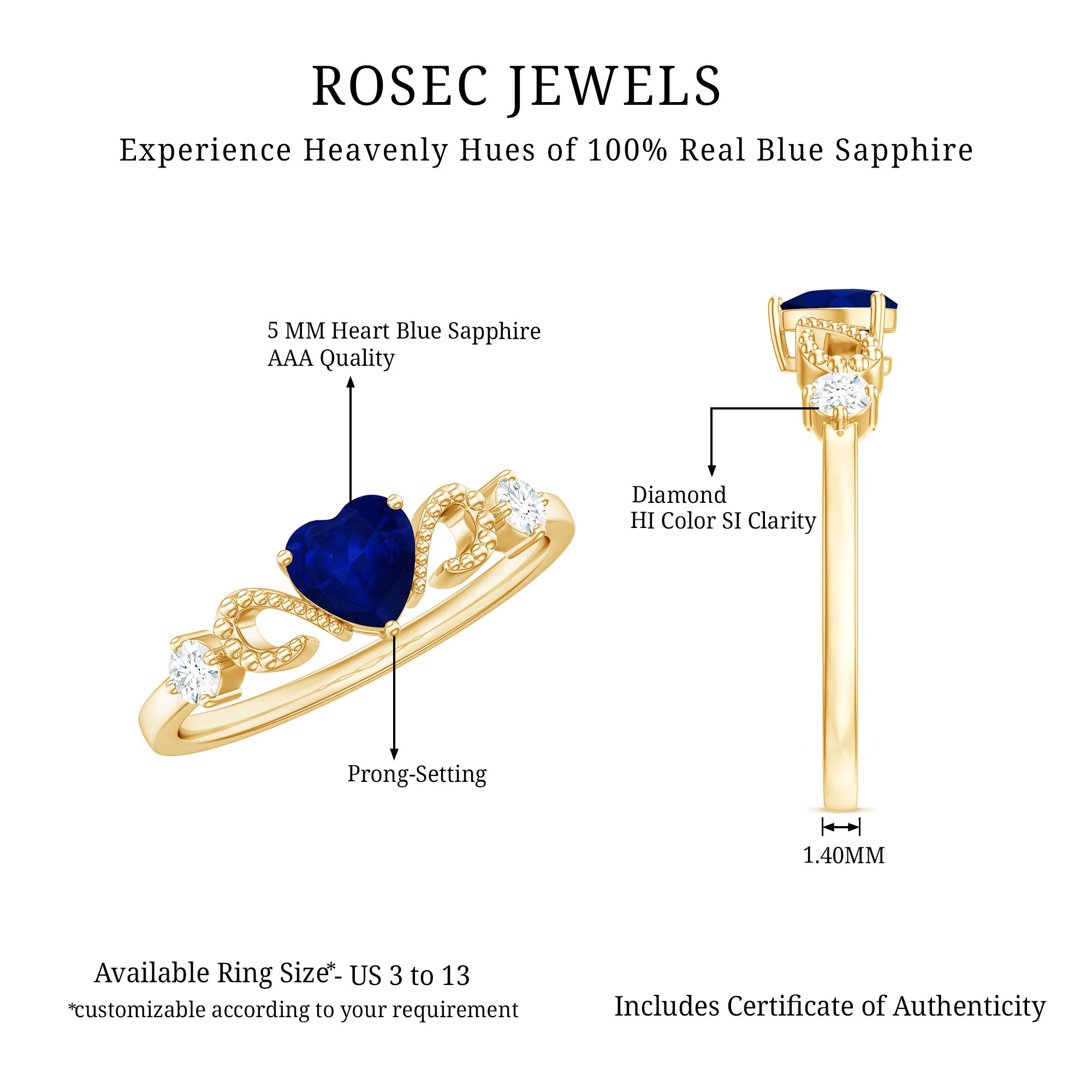 Rosec Jewels-Natural 0.6 Carat Blue Sapphire Heart Promise Ring with Diamond
