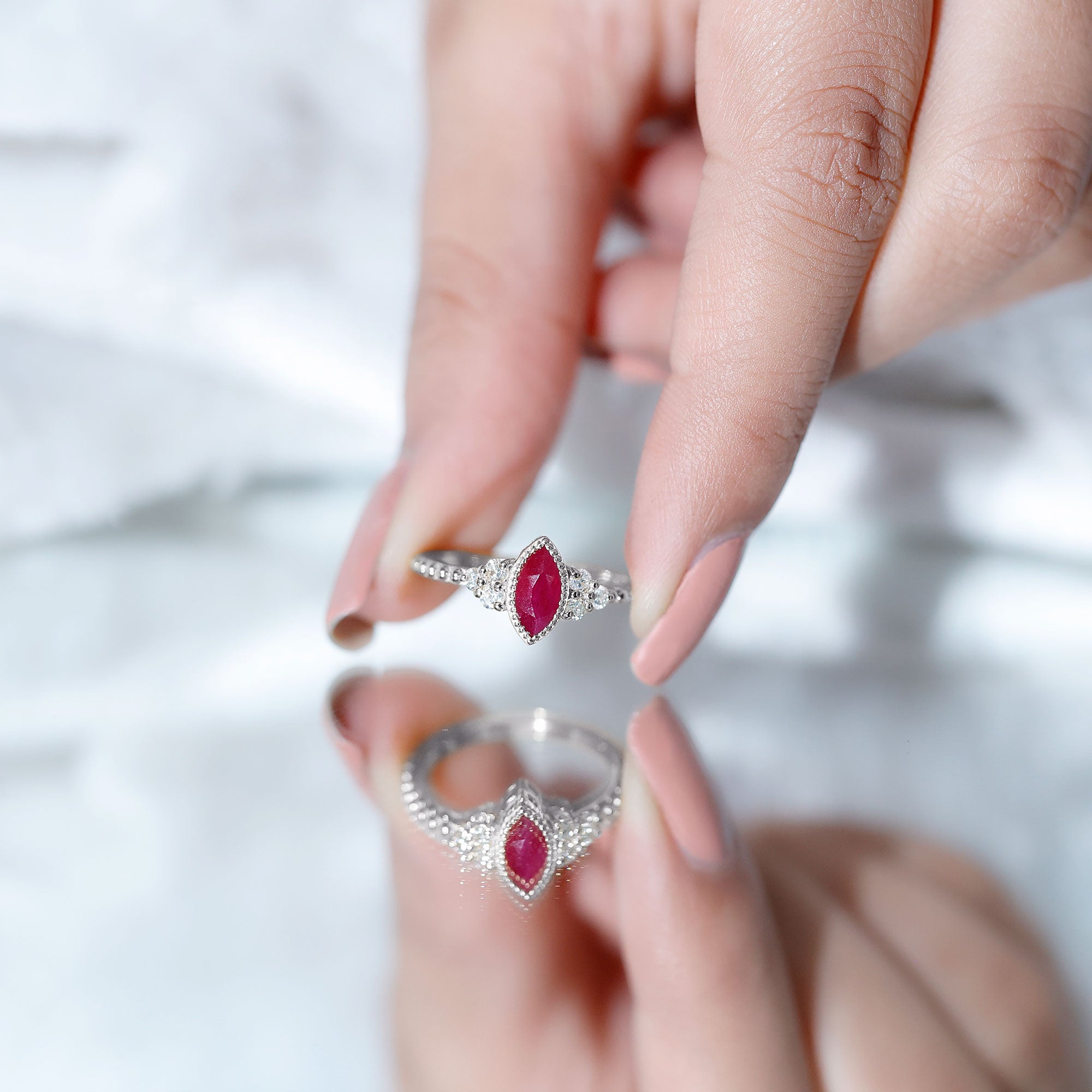 Rosec Jewels-Vintage Style 0.75 Carat Ruby Marquise Engagement Ring with Diamond Trio
