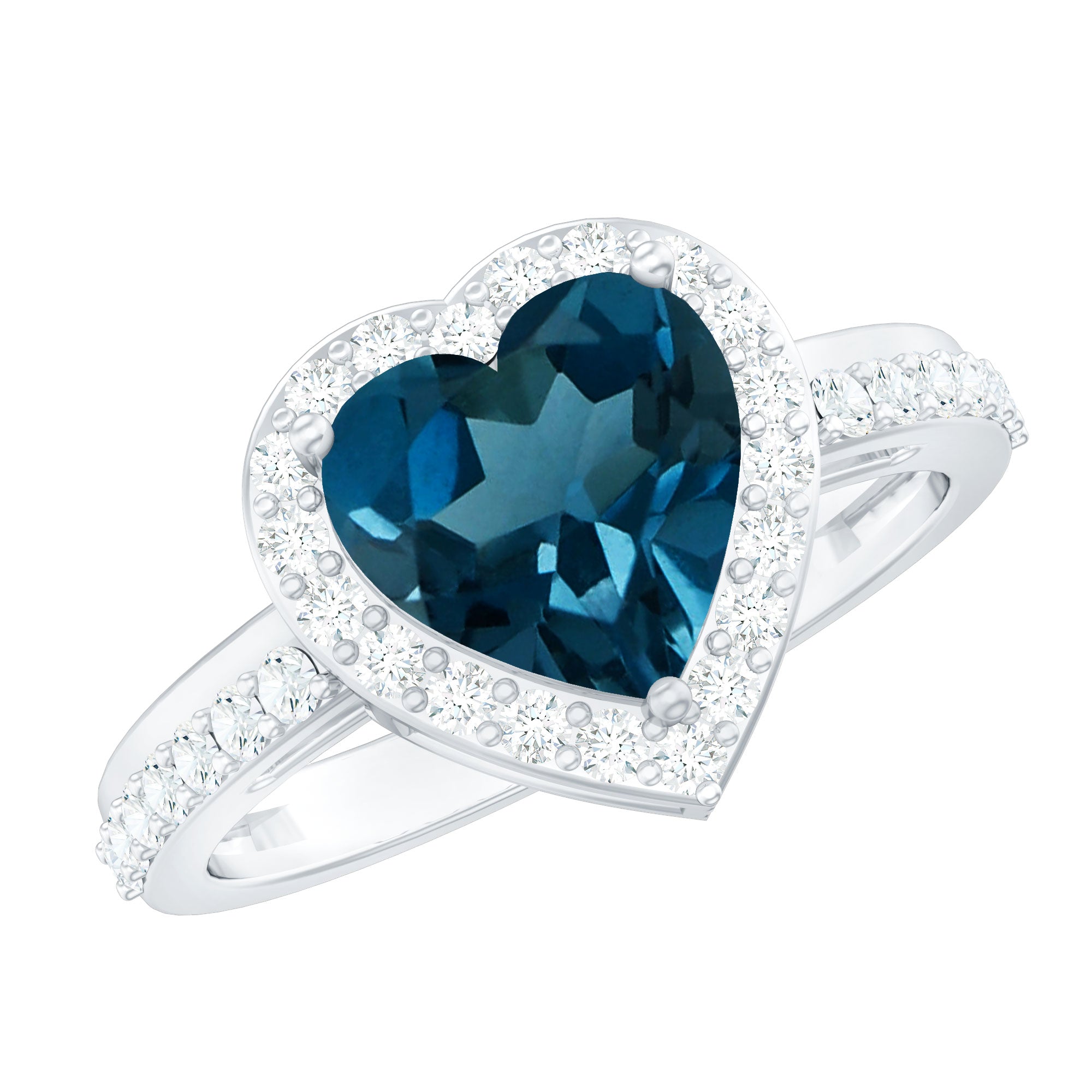 London Blue Topaz Heart Promise Ring with Diamond Halo AAA - Rosec Jewels