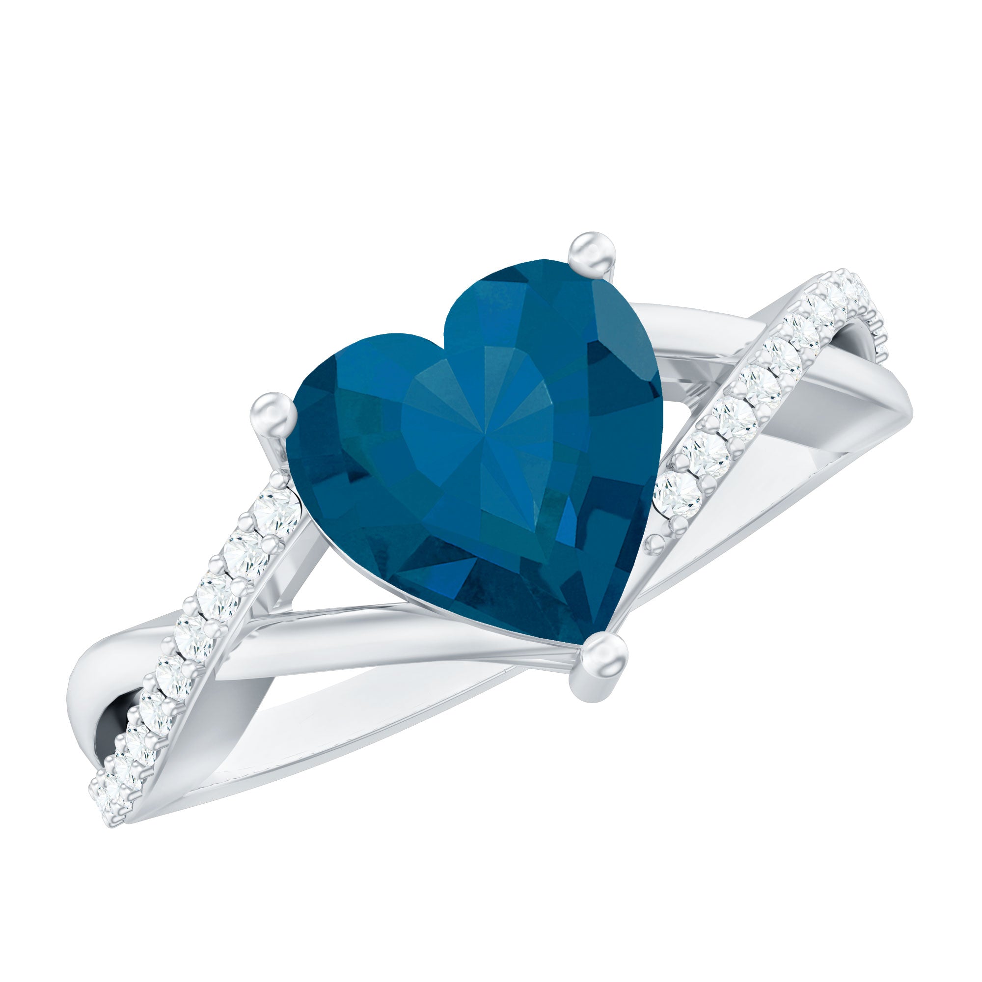 London Blue Topaz and Diamond Heart Engagement Ring in Crossover Band AAA - Rosec Jewels