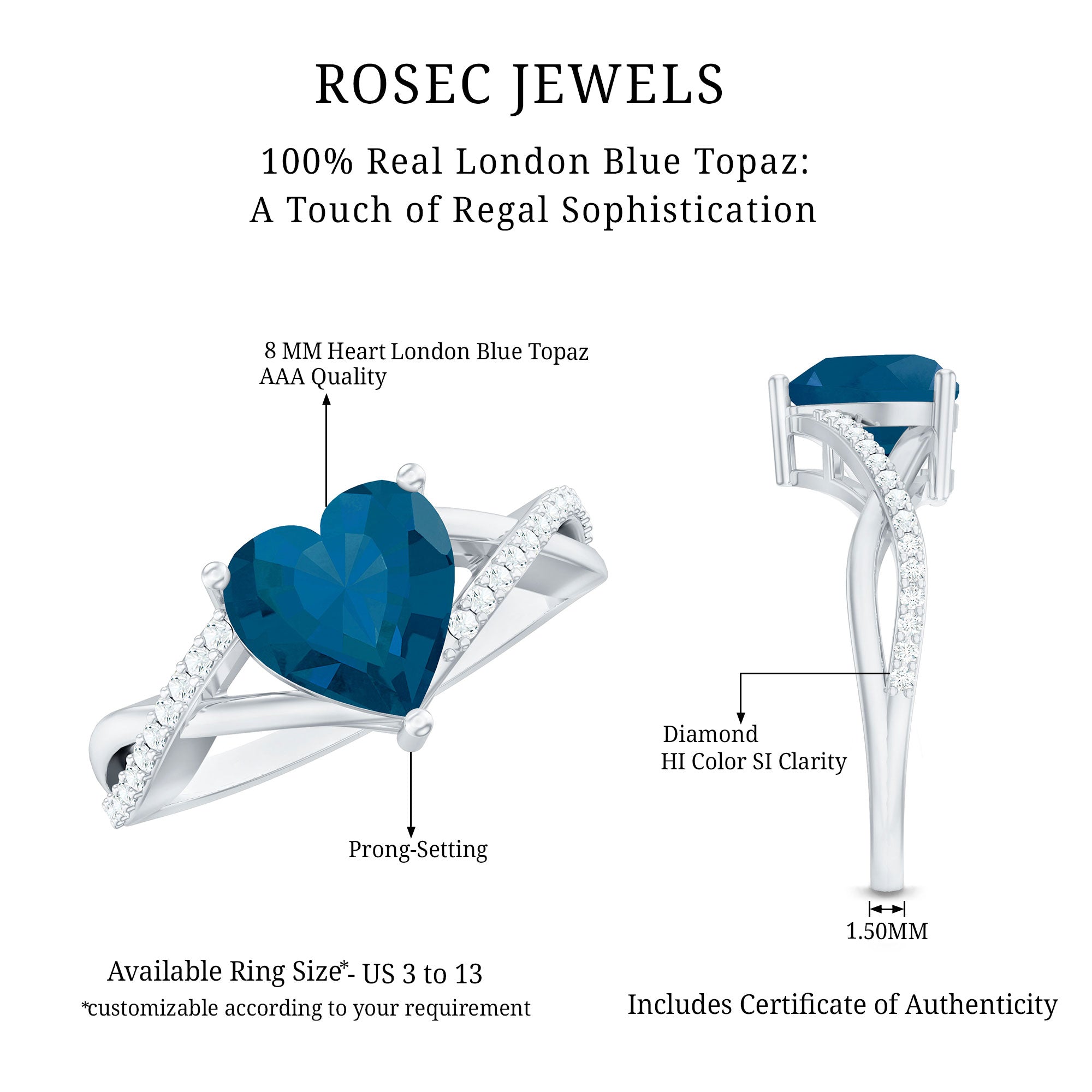 London Blue Topaz and Diamond Heart Engagement Ring in Crossover Band AAA - Rosec Jewels