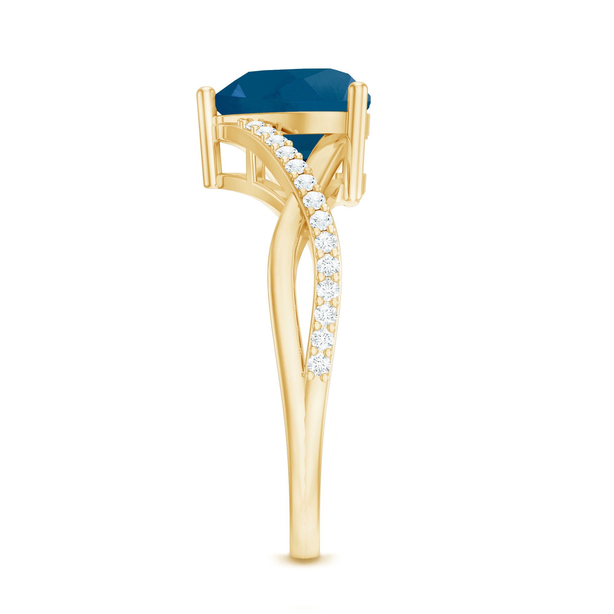 London Blue Topaz and Diamond Heart Engagement Ring in Crossover Band AAA - Rosec Jewels