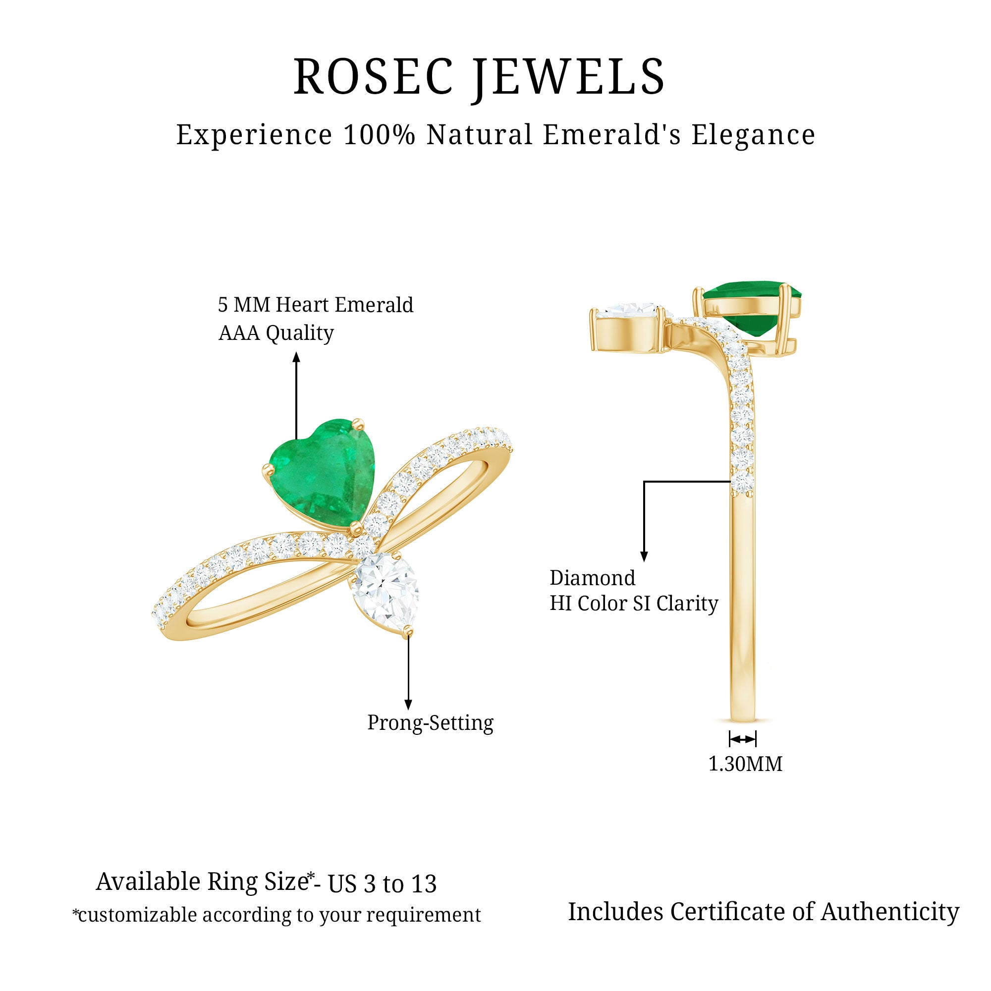 Rosec Jewels-Designer Emerald Heart Engagement Ring with Diamond
