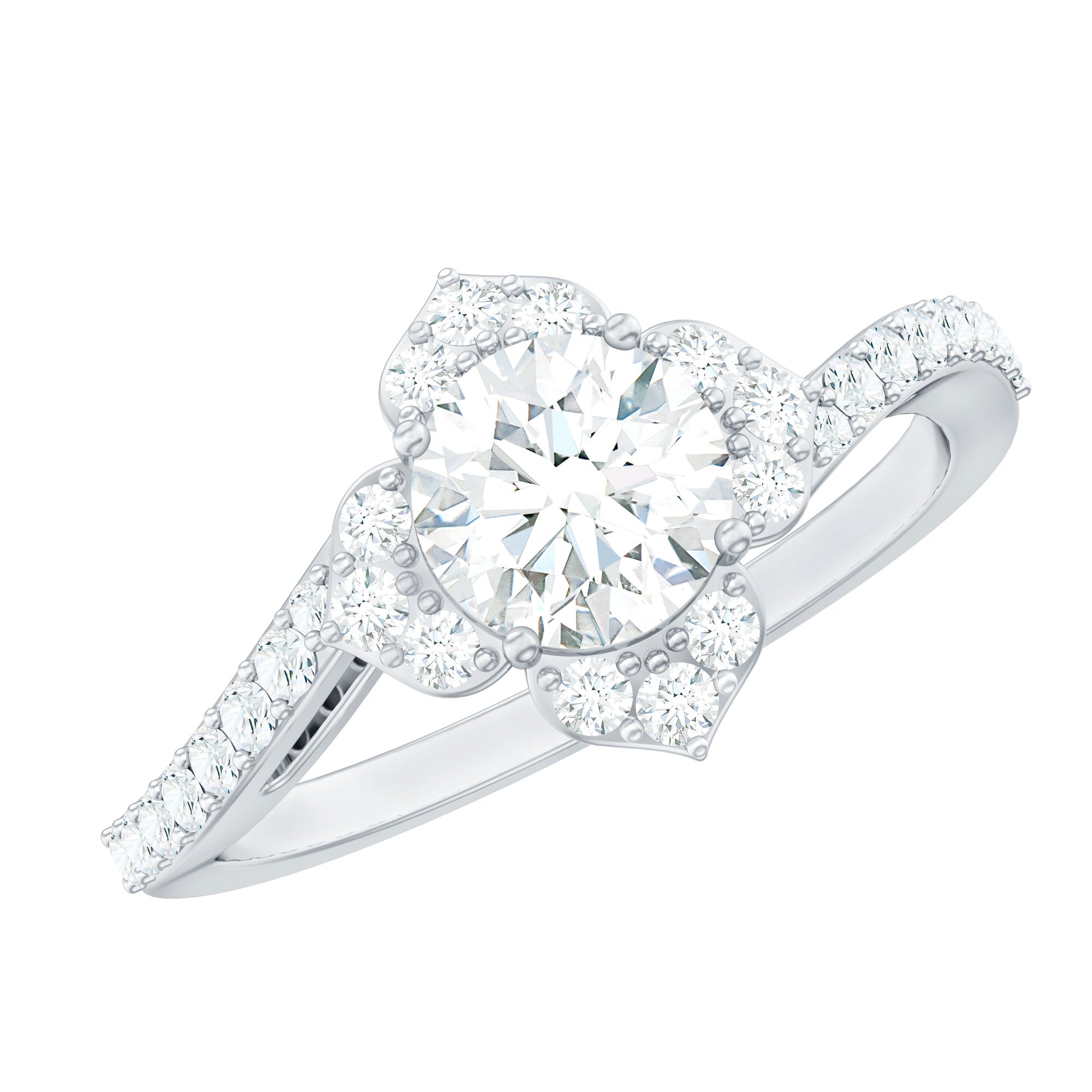 1.75 CT Bypass Shank Round Zircon Flower Engagement Ring AAAA - Rosec Jewels