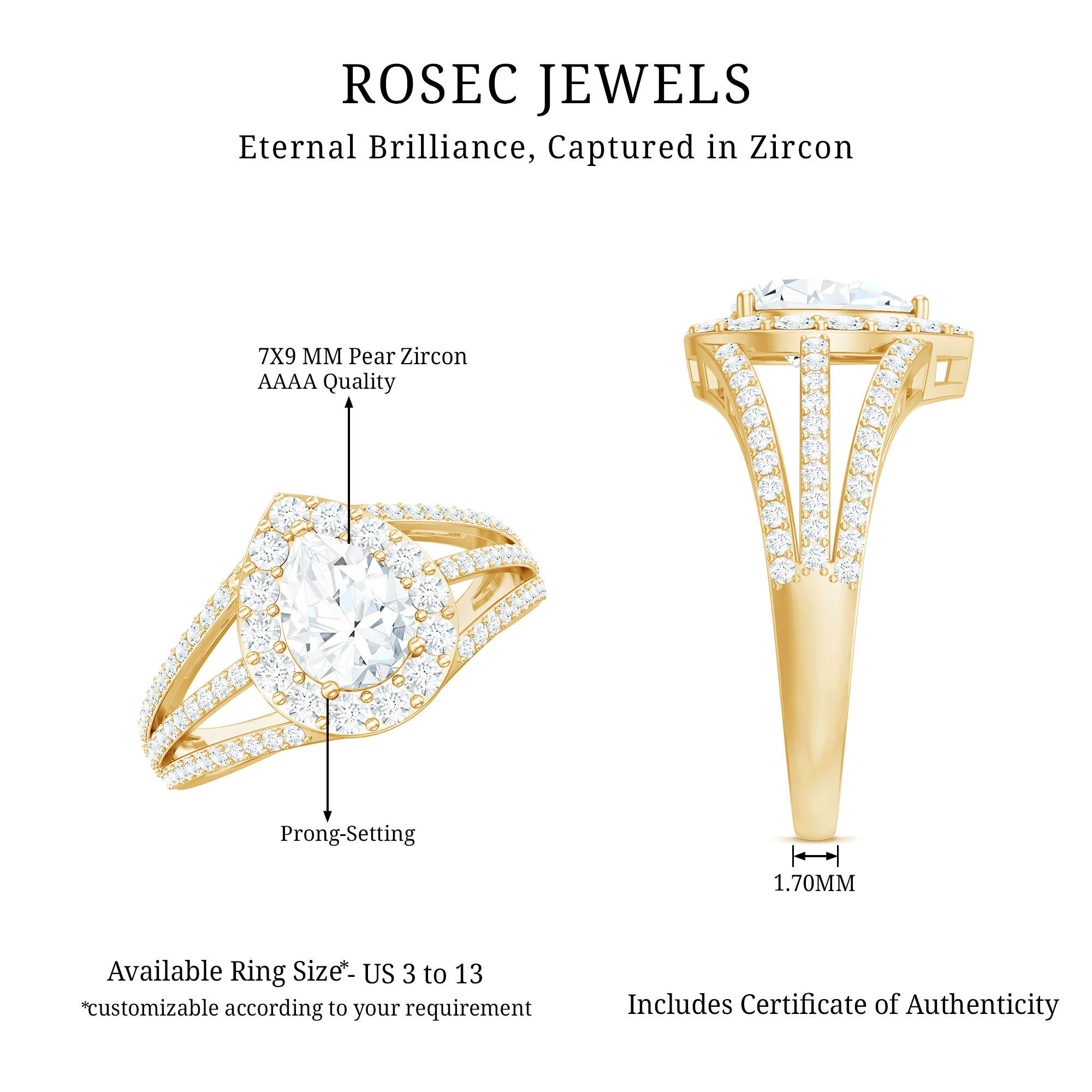 Pear Shaped Cubic Zirconia Split Shank Engagement Ring for Women AAAA - Rosec Jewels