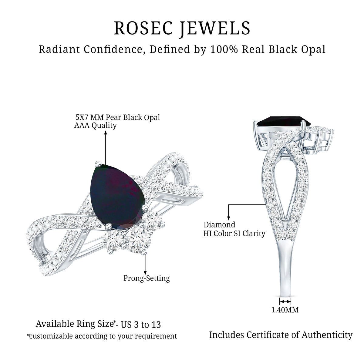 Designer Black Opal Teardrop Crossover Ring with Diamond AAA - Rosec Jewels