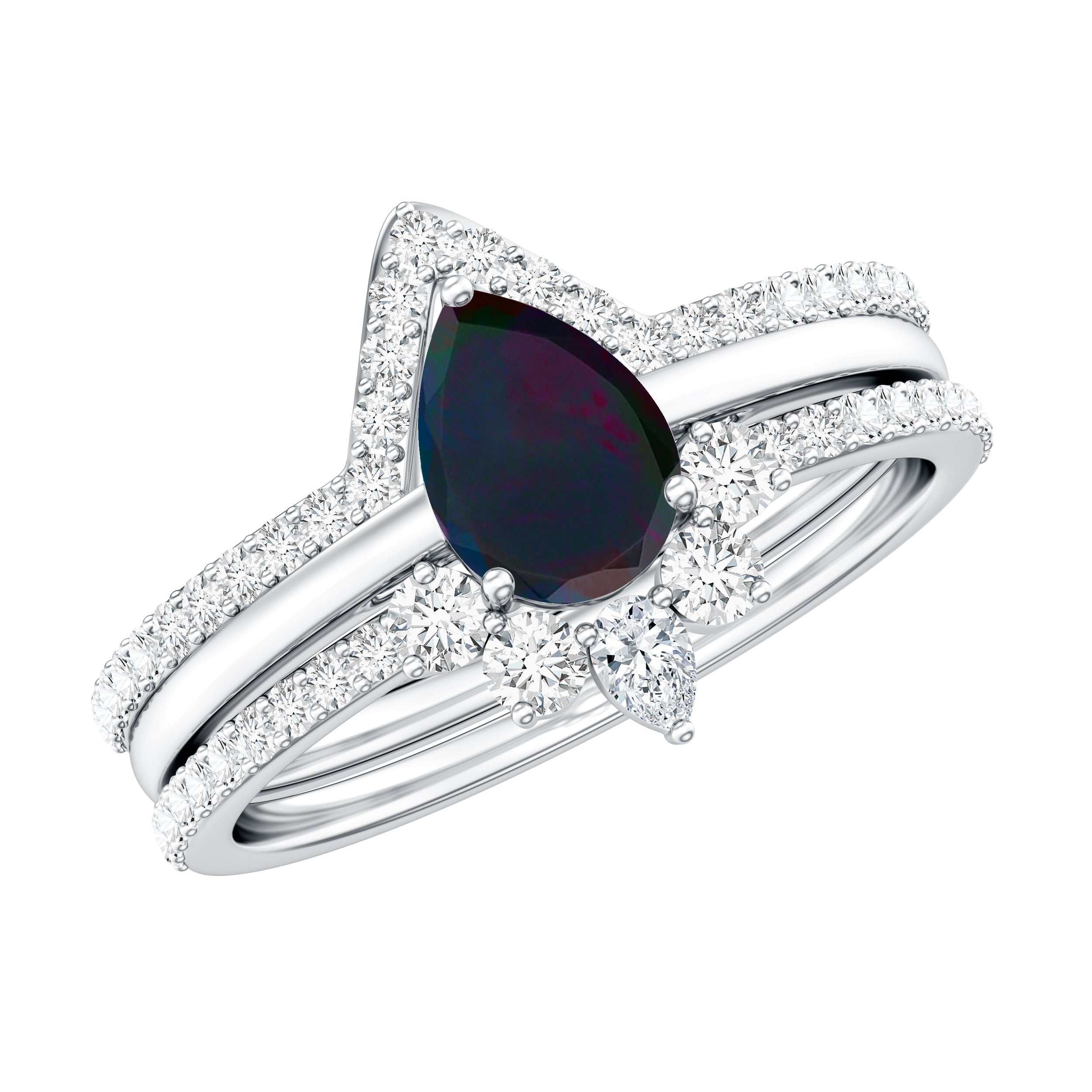 Natural Black Opal Bridal Ring Set With Moissanite AAA - Rosec Jewels
