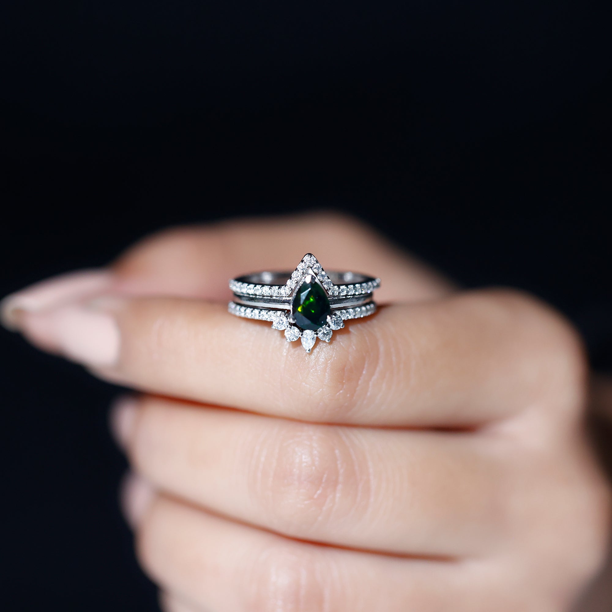 Natural Black Opal Bridal Ring Set With Moissanite AAA - Rosec Jewels
