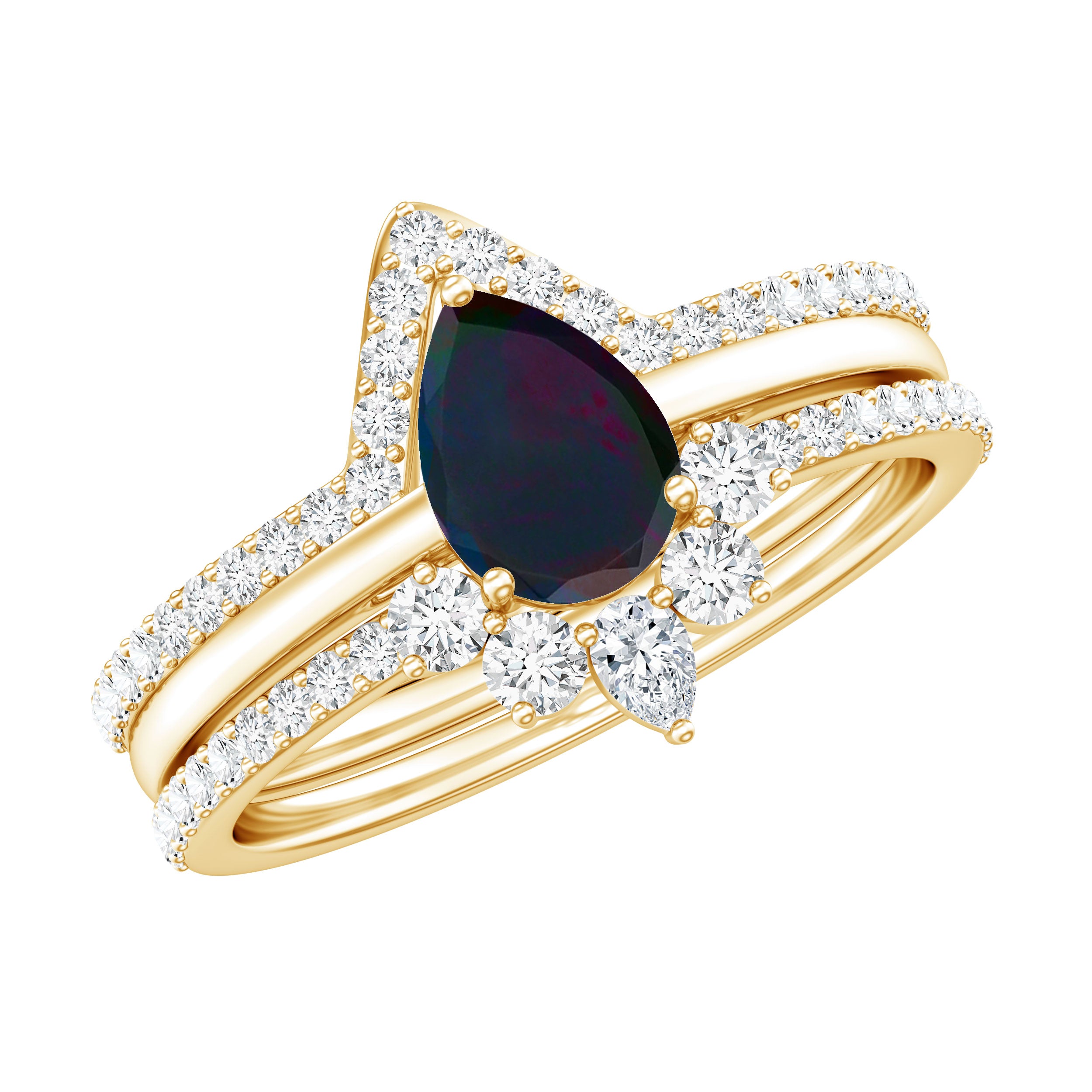 Natural Black Opal Bridal Ring Set With Moissanite AAA - Rosec Jewels