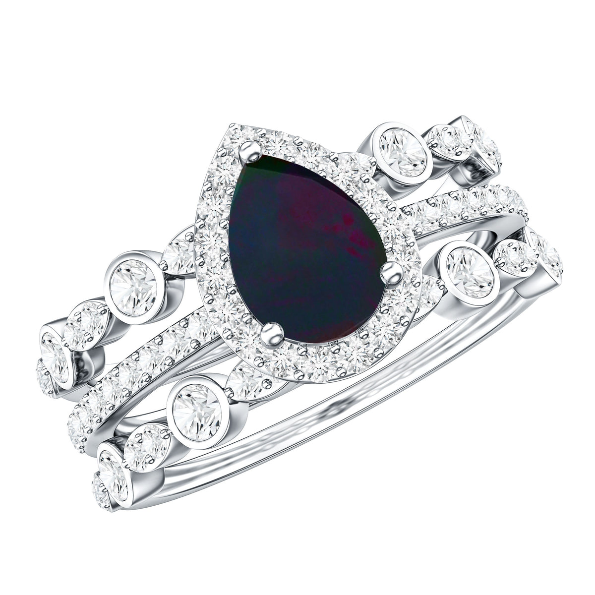 0.7 Carat Pear Cut Black Opal Trio Wedding Ring Set with Moissanite AAA - Rosec Jewels