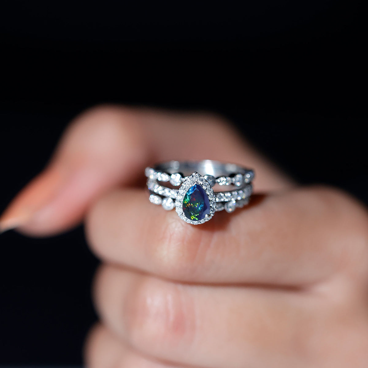 0.7 Carat Pear Cut Black Opal Trio Wedding Ring Set with Moissanite AAA - Rosec Jewels