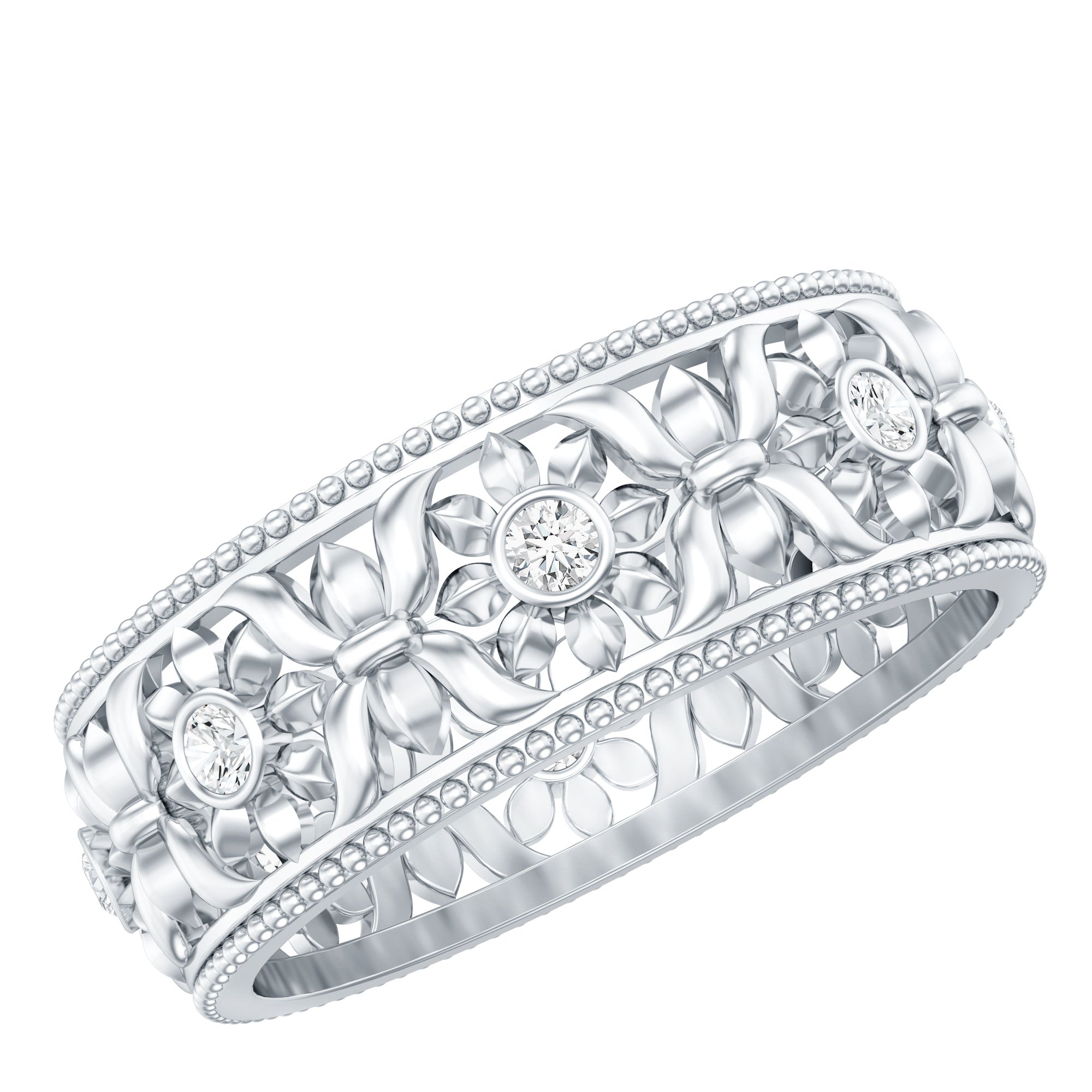 Floral Inspired Lab Grown Diamond Filigree Wedding Band Lab - ( EF-VS ) - Rosec Jewels