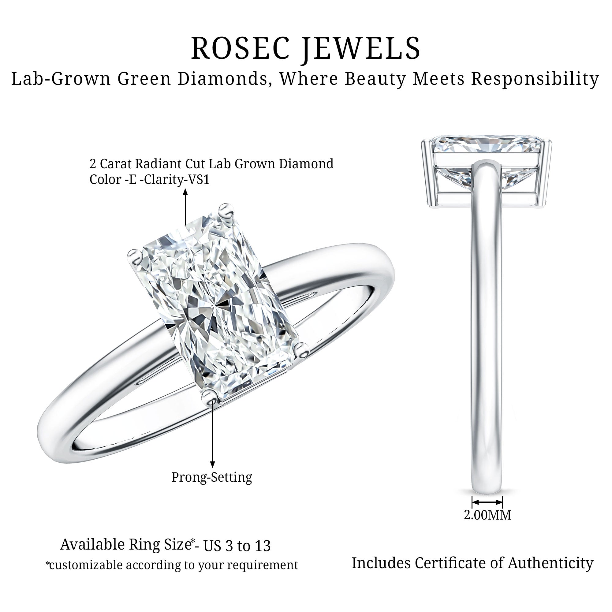 Rosec Jewels-IGI Certified Solitaire Lab Grown Diamond Radiant Cut Engagement Ring 2 Carat