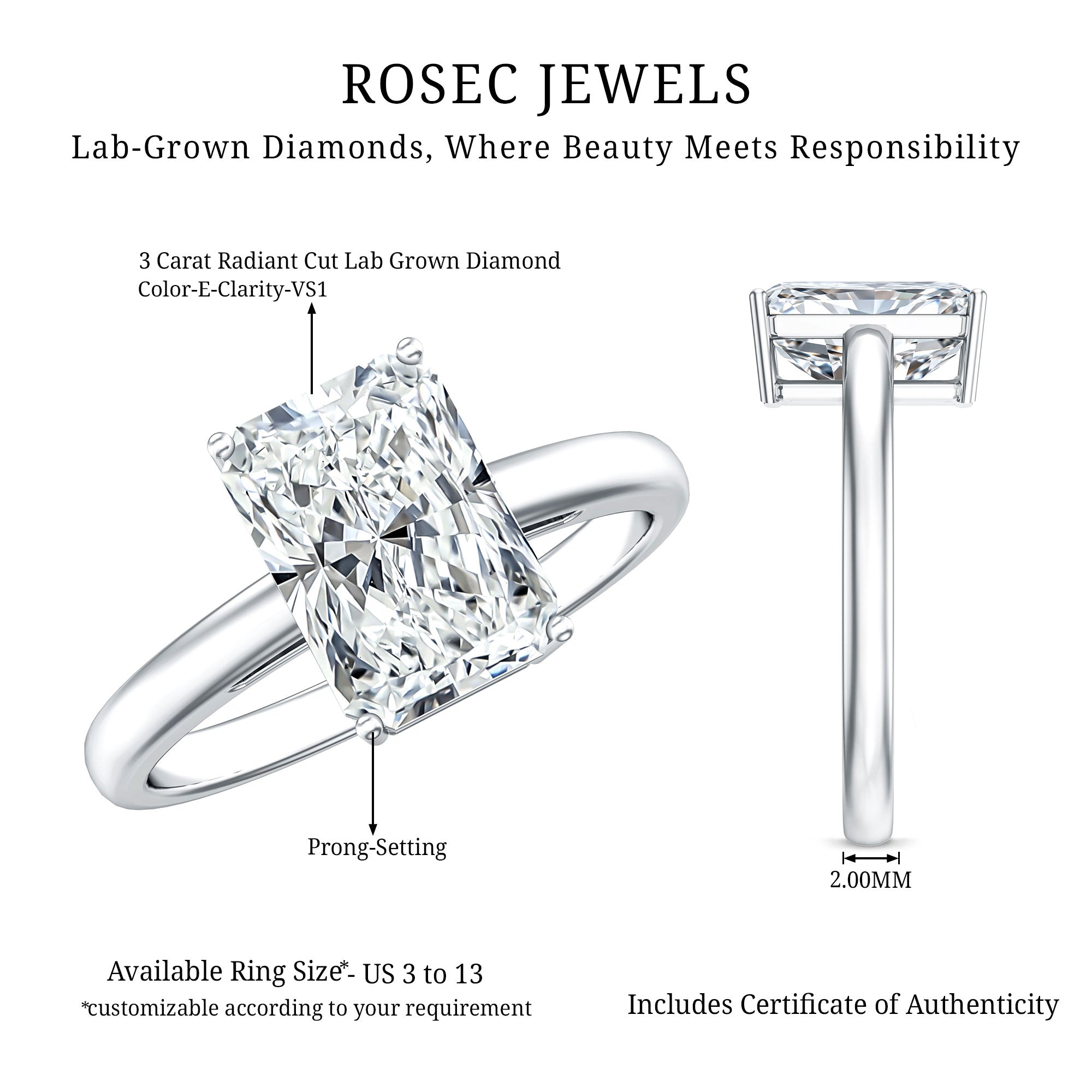 Rosec Jewels-Solitaire 3 Carat Radiant Cut Lab Created Diamond Engagement Ring IGI Certified
