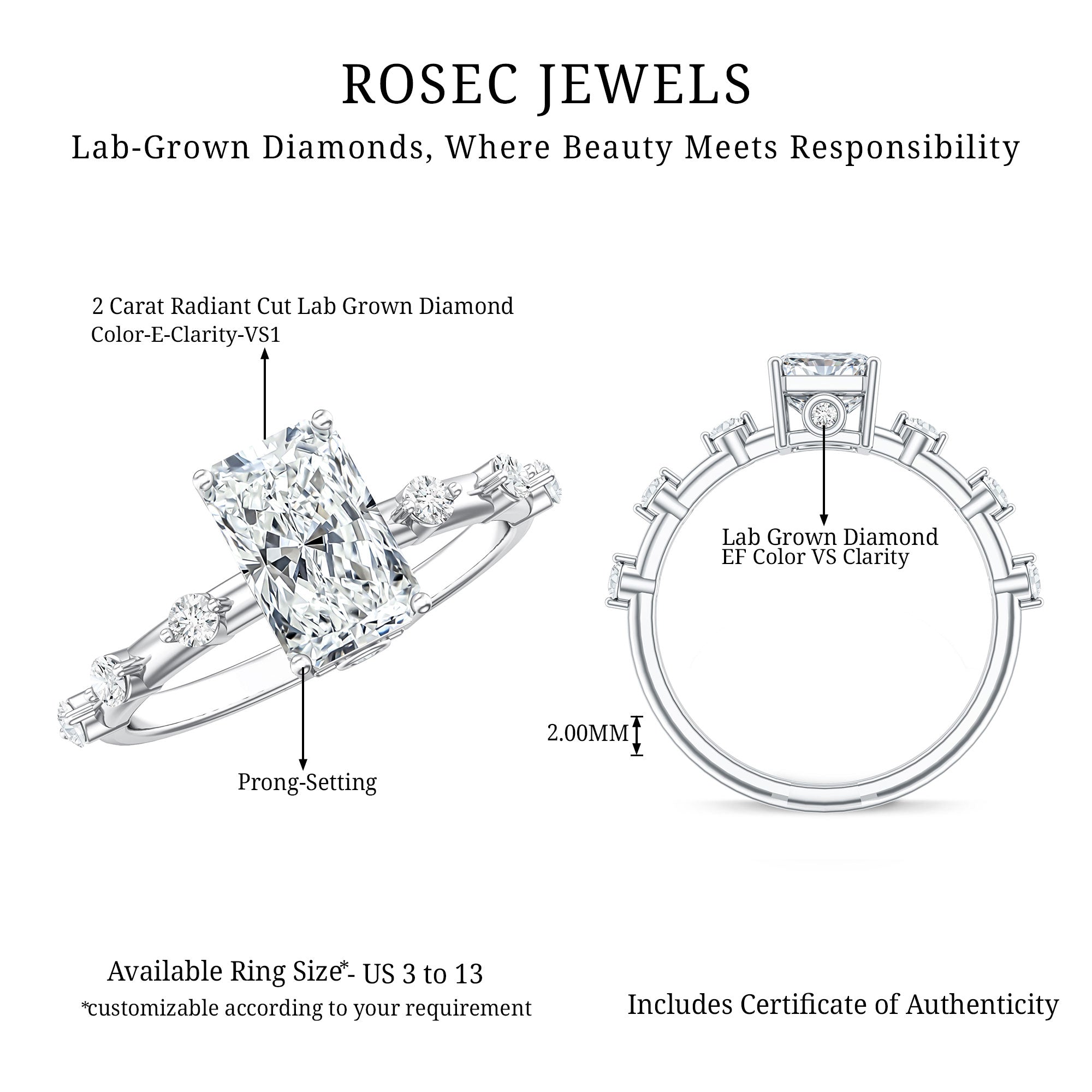 Rosec Jewels-IGI Certified 2 Carat Radiant Cut Lab Grown Diamond Engagement Ring with Spaced Accent