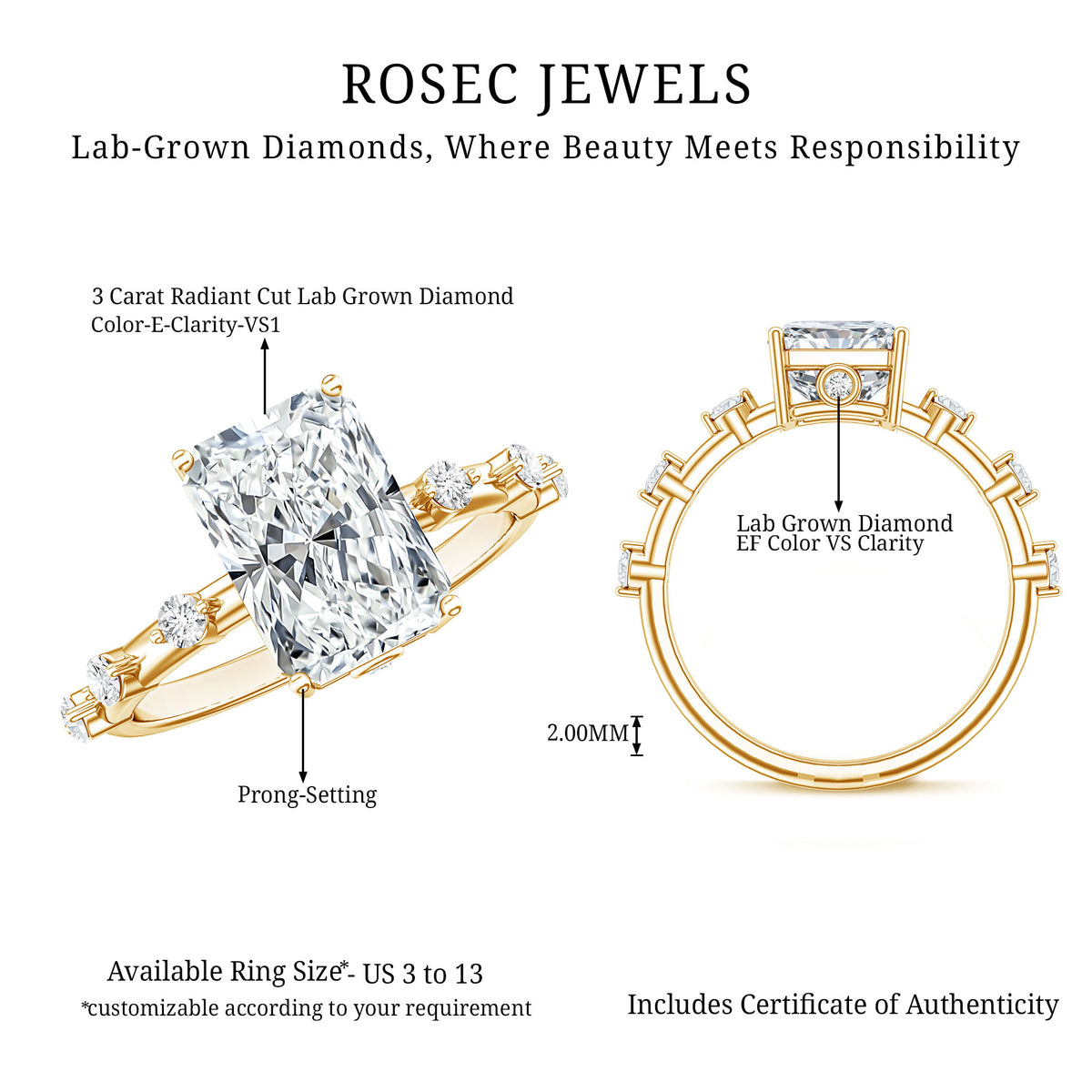 3 Carat Lab Grown Diamond Radiant Engagement Ring with IGI Certificate Lab - ( E-VS1 ) - Rosec Jewels