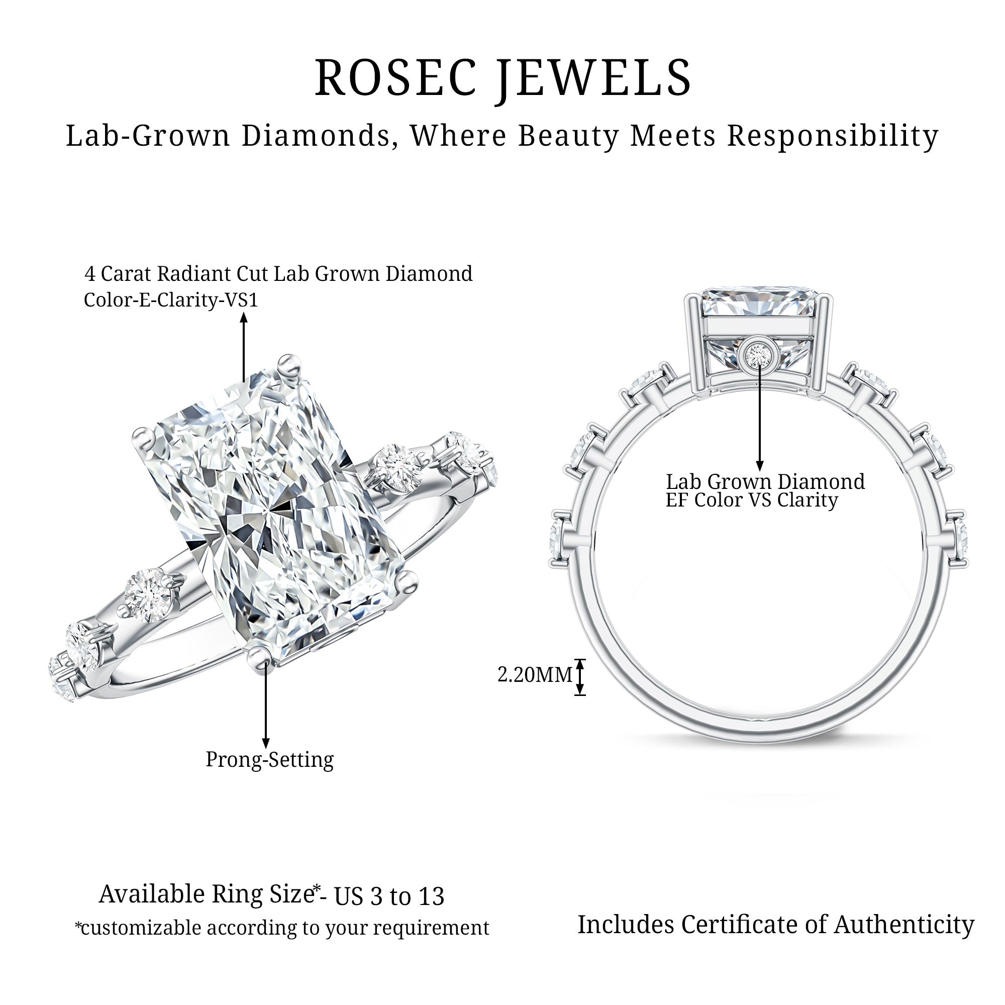 Rosec Jewels-4 Carat Lab Grown Radiant Cut Diamond Solitaire Engagement Ring with IGI Certificate