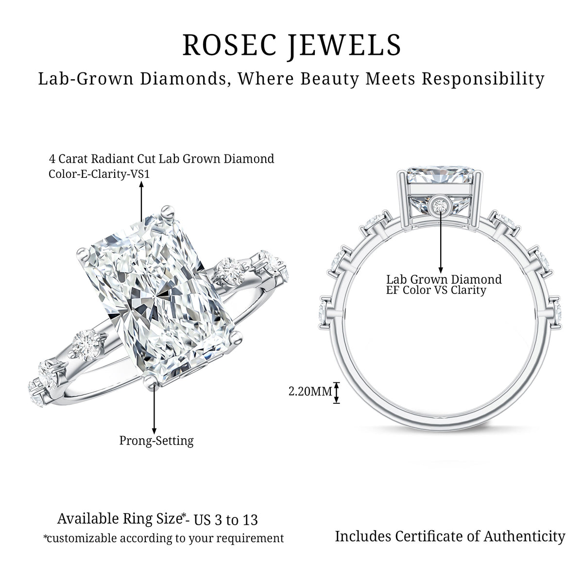 4 Carat Lab Grown Radiant Cut Diamond Solitaire Engagement Ring with IGI Certificate Lab - ( E-VS1 ) - Rosec Jewels