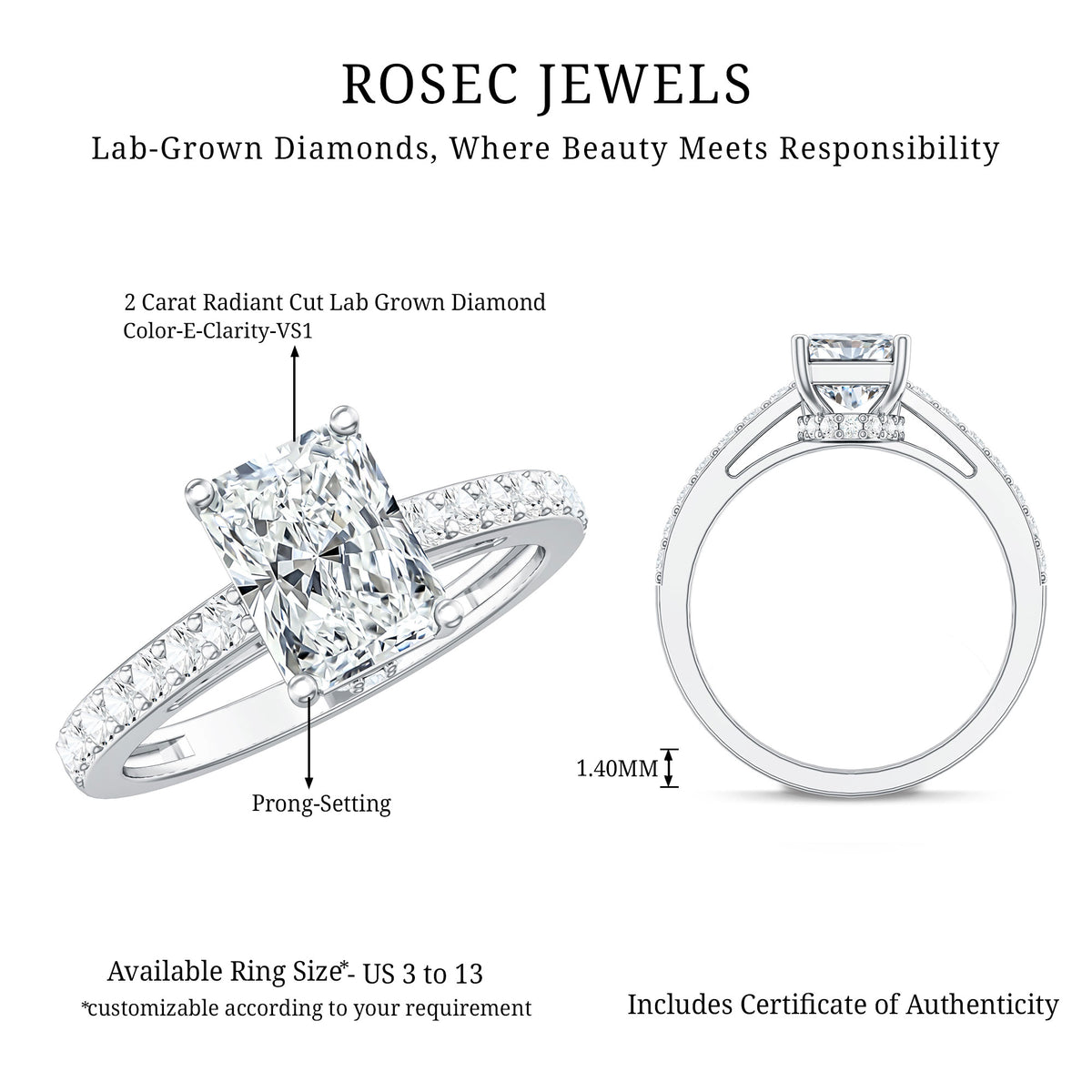 IGI Certified Radiant Cut Lab Grown Diamond Hidden Halo Engagement Ring 2 Carat Lab - ( E-VS1 ) - Rosec Jewels