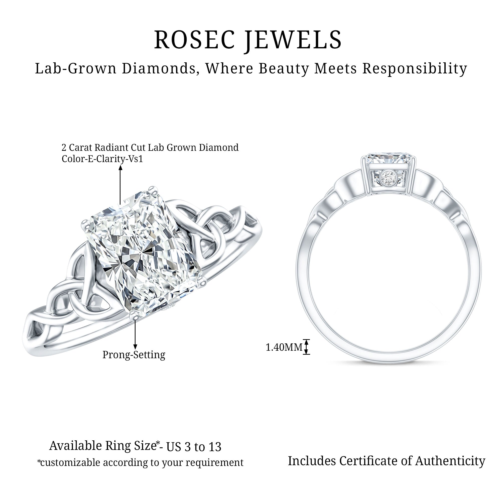 Rosec Jewels-IGI Certified 2 Carat Lab Grown Diamond Radiant Cut Engagement Ring with Celtic Knot