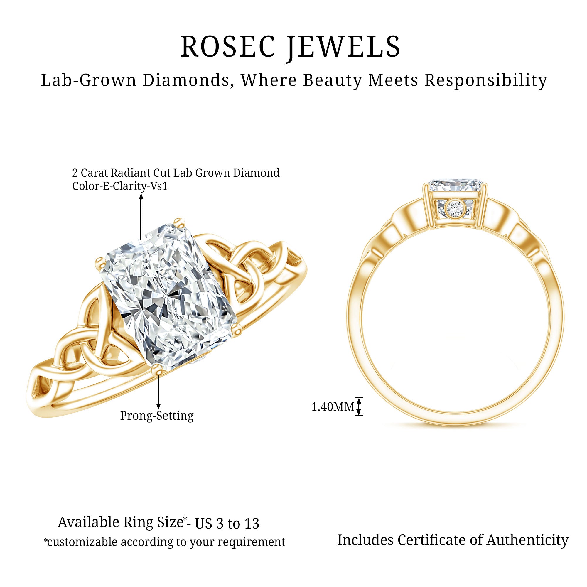 Rosec Jewels-IGI Certified 2 Carat Lab Grown Diamond Radiant Cut Engagement Ring with Celtic Knot