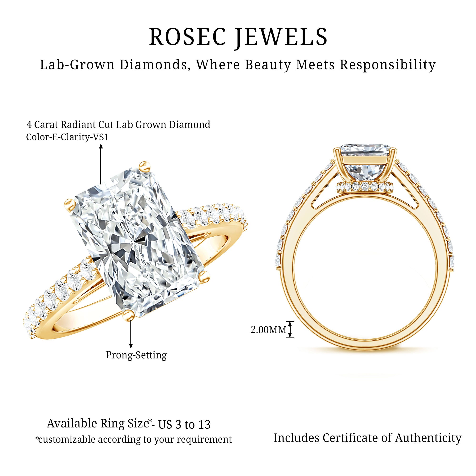 Rosec Jewels-IGI Certified Radiant Cut 4 Carat Lab Grown Diamond Solitaire Engagement Ring with Hidden Halo